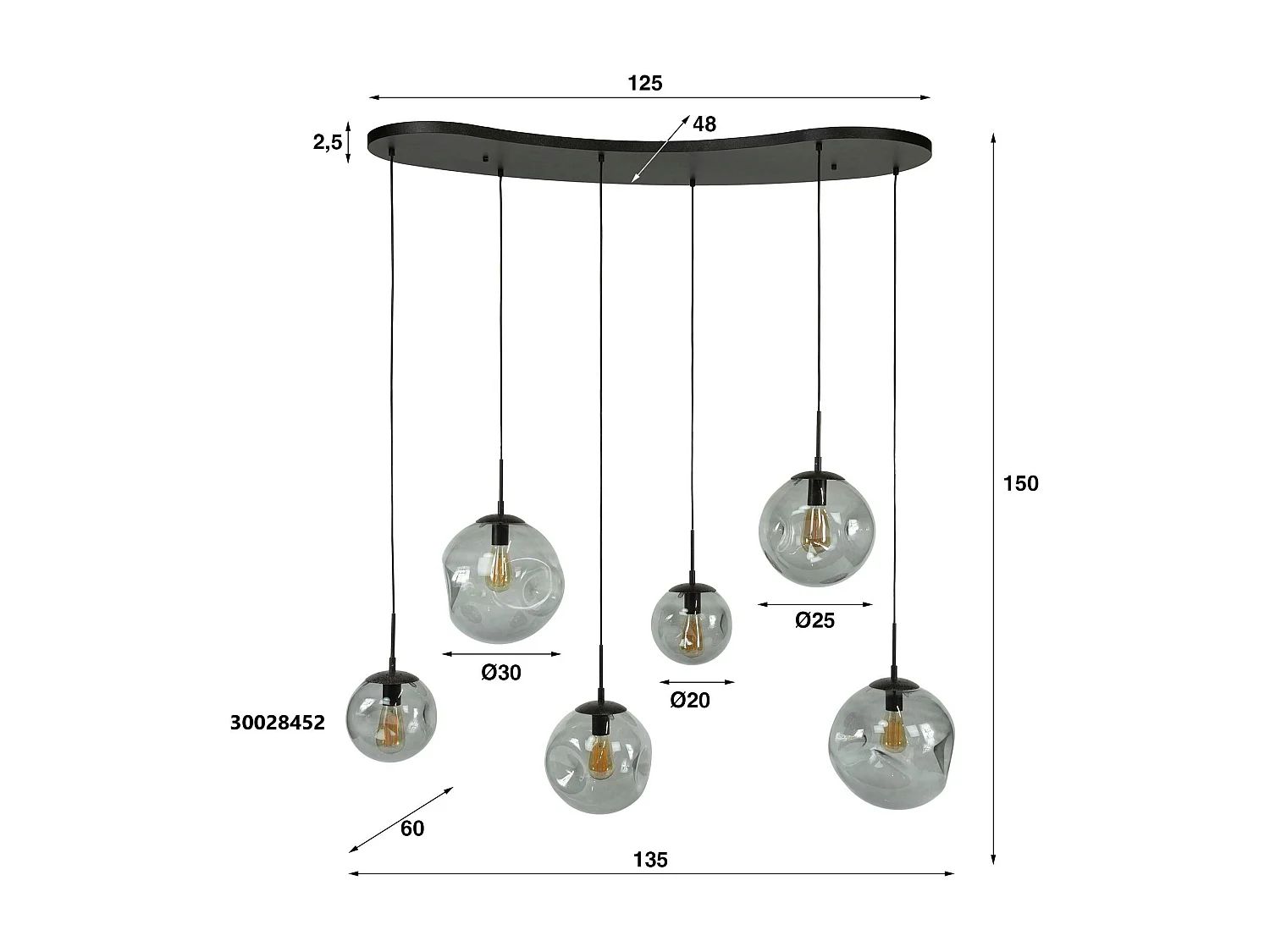 Suspension en verre fumé – 6 globes déformés NIAGARA