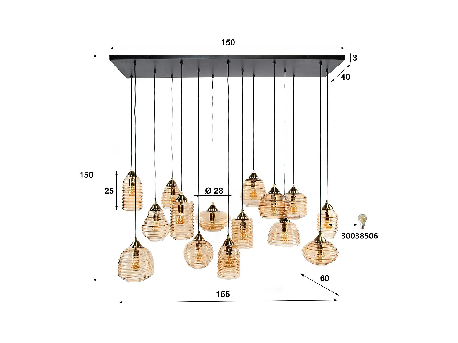 Suspension en verre strié 15 lampes ambrées NOVA