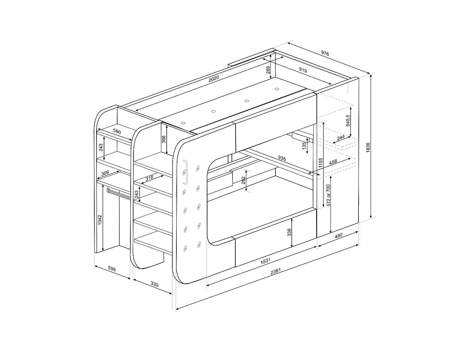 Gamingsängloft 90 x 200 cm - Med skrivbord och förvaring - Med LED-belysning - Vit och antracit + Madrass - WARRIOR