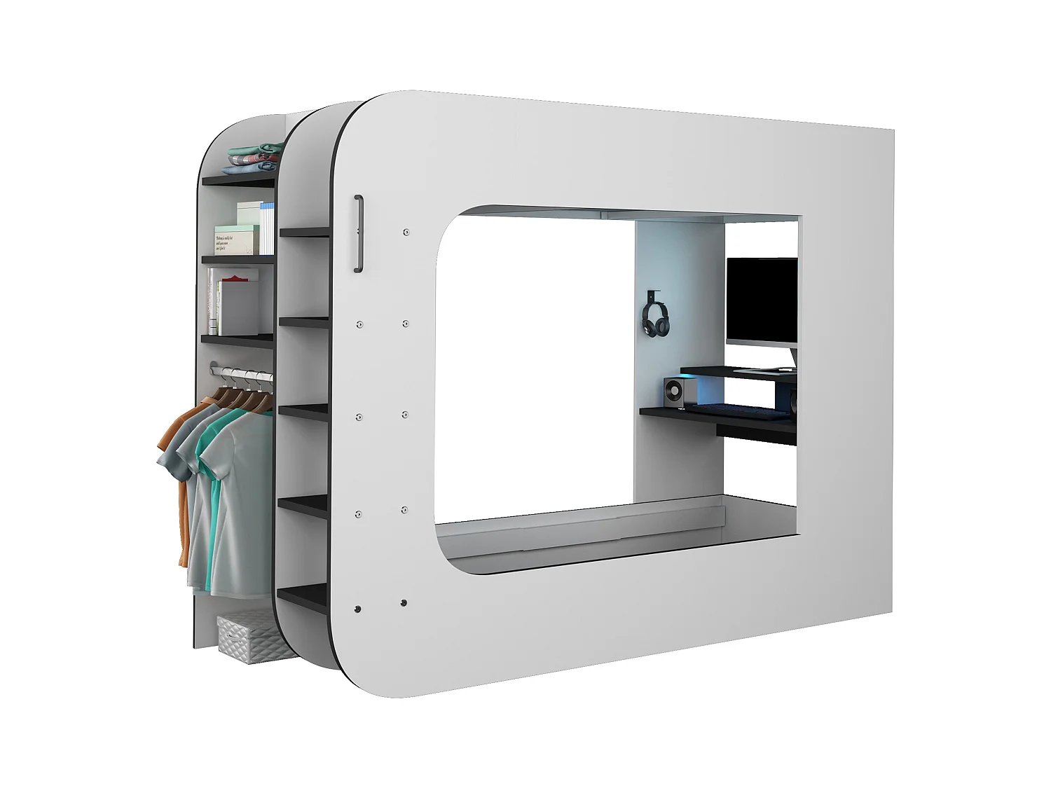 Gamingsängloft 90 x 200 cm - Med skrivbord och förvaring - Med LED-belysning - Vit och antracit + Madrass - WARRIOR