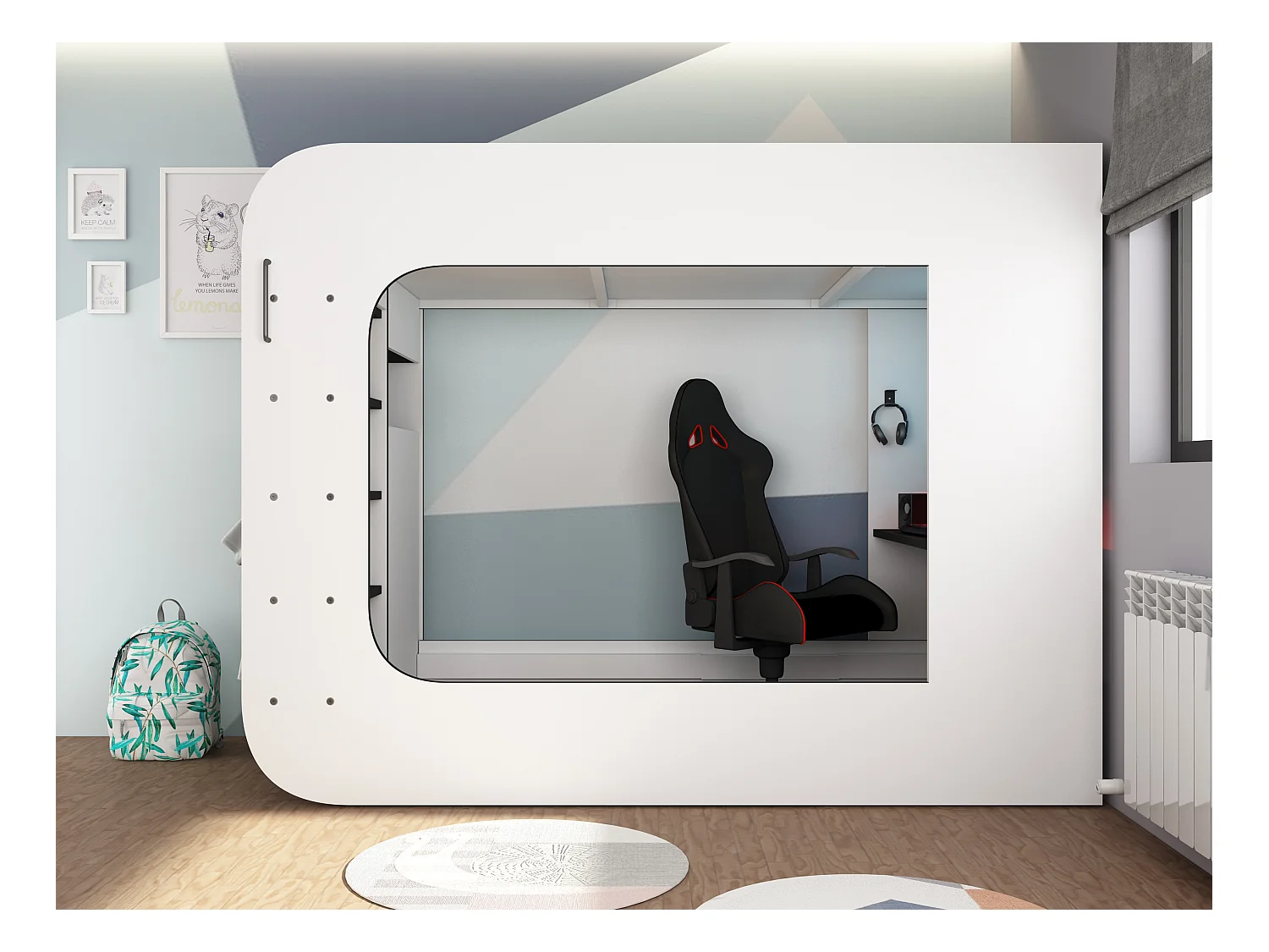 Gamingsängloft 90 x 200 cm - Med skrivbord och förvaring - Med LED-belysning - Vit och antracit + Madrass - WARRIOR