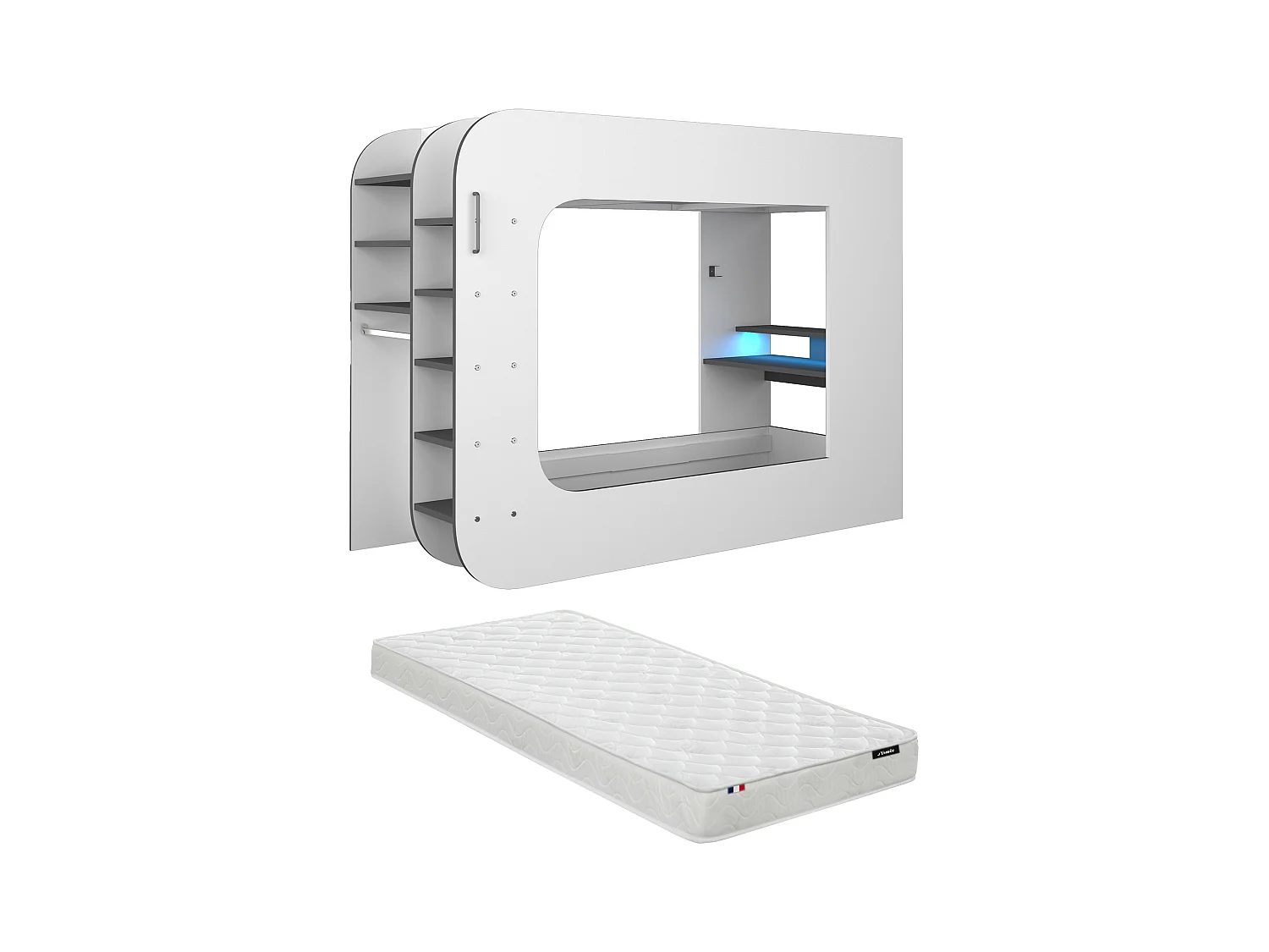 Gamingsängloft 90 x 200 cm - Med skrivbord och förvaring - Med LED-belysning - Vit och antracit + Madrass - WARRIOR