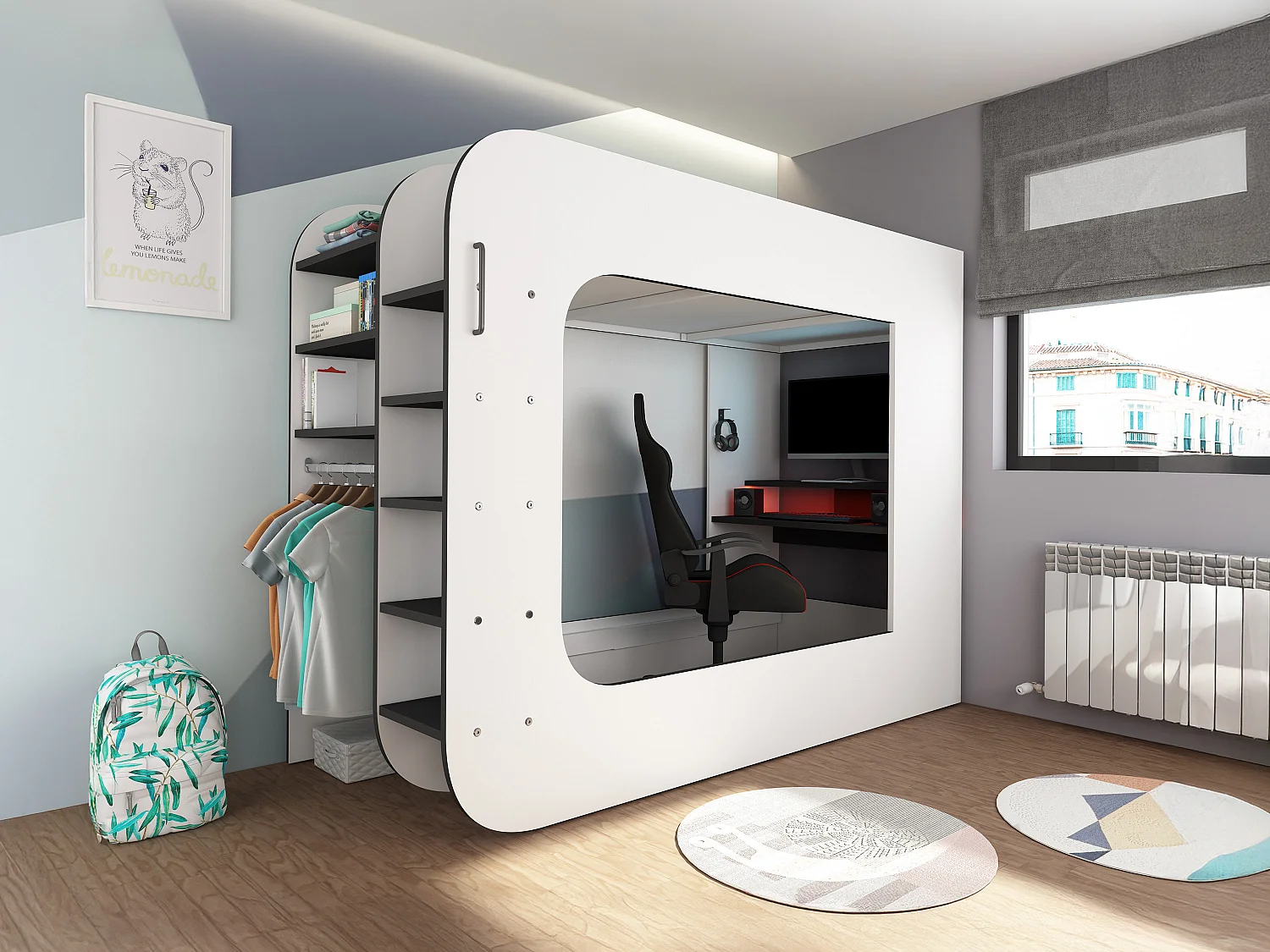 Lit mezzanine gamer 90 x 200 cm - Avec bureau et rangements - Avec LEDs – Blanc et anthracite + Matelas - WARRIOR