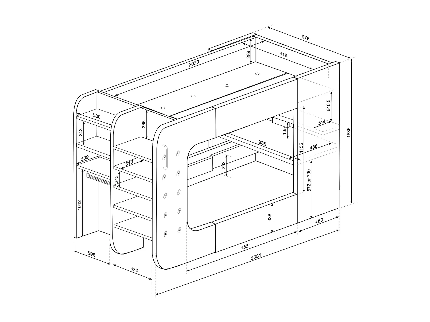 Łóżko gamingowe na antresoli 90 x 200 cm - Z biurkiem i miejscami do przechowywania - Z oświetleniem LED - Białe i antracytowe + Materac - WARRIOR
