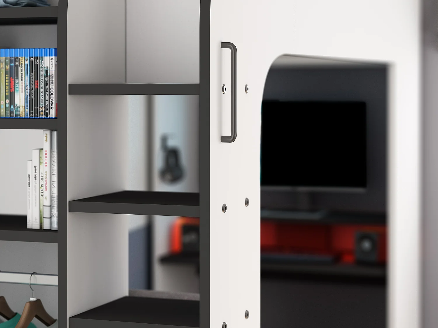 Łóżko gamingowe na antresoli 90 x 200 cm - Z biurkiem i miejscami do przechowywania - Z oświetleniem LED - Białe i antracytowe + Materac - WARRIOR