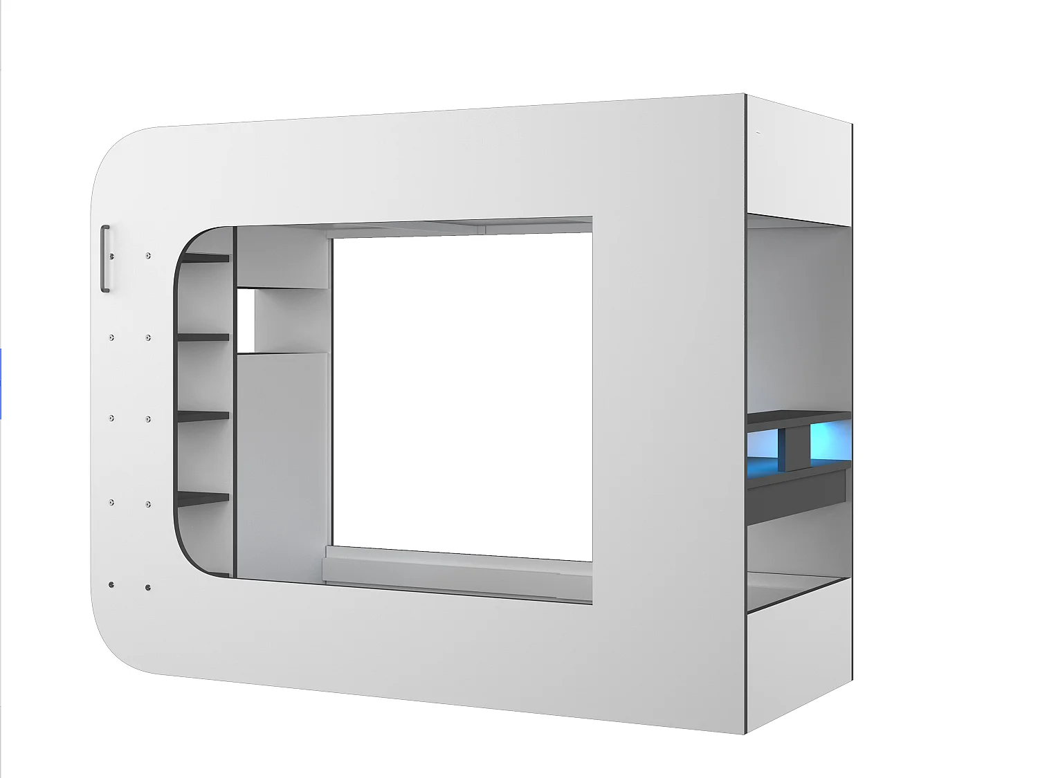 Łóżko gamingowe na antresoli 90 x 200 cm - Z biurkiem i miejscami do przechowywania - Z oświetleniem LED - Białe i antracytowe + Materac - WARRIOR