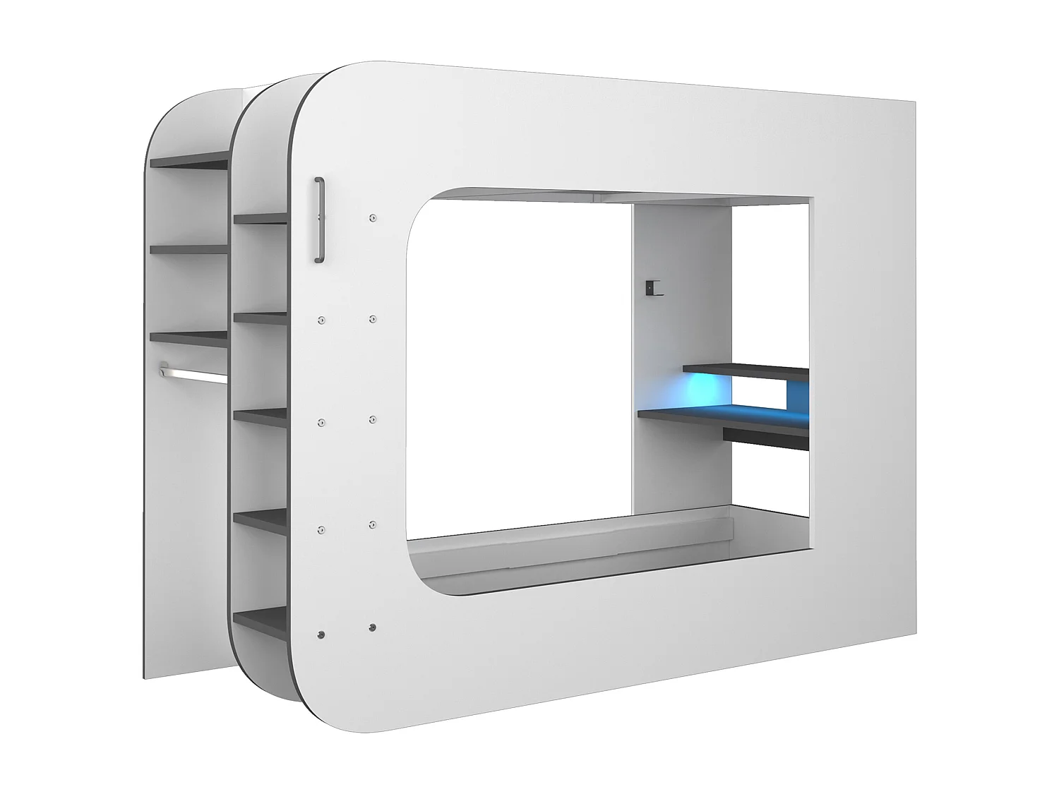 Łóżko gamingowe na antresoli 90 x 200 cm - Z biurkiem i miejscami do przechowywania - Z oświetleniem LED - Białe i antracytowe + Materac - WARRIOR