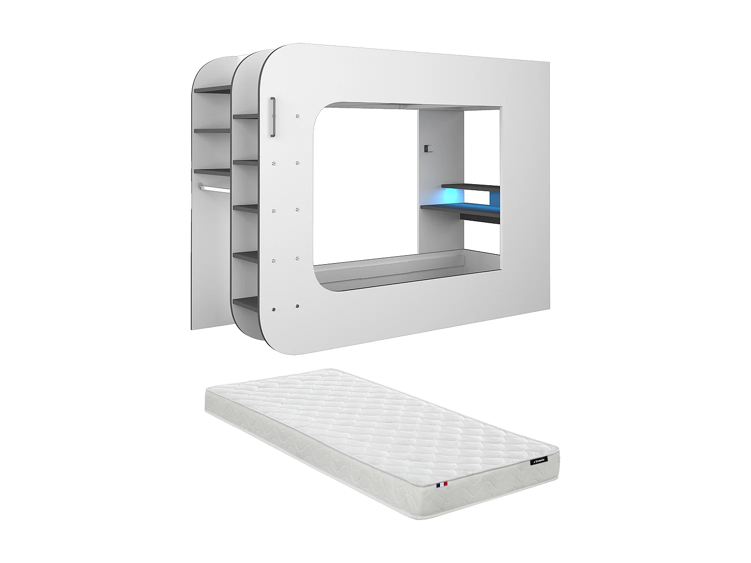 Łóżko gamingowe na antresoli 90 x 200 cm - Z biurkiem i miejscami do przechowywania - Z oświetleniem LED - Białe i antracytowe + Materac - WARRIOR