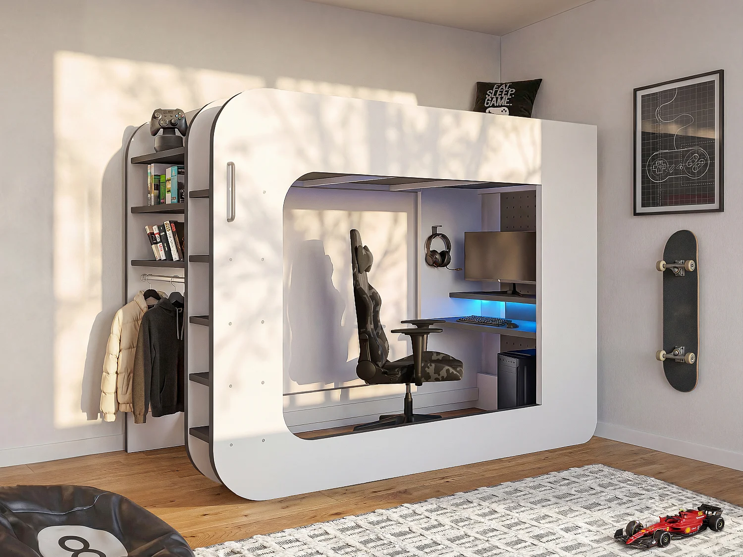 Cama alta gamer 90 × 200 cm – Com secretária e espaço de arrumação – Com LEDs – Branco e antracite + Colchão – WARRIOR
