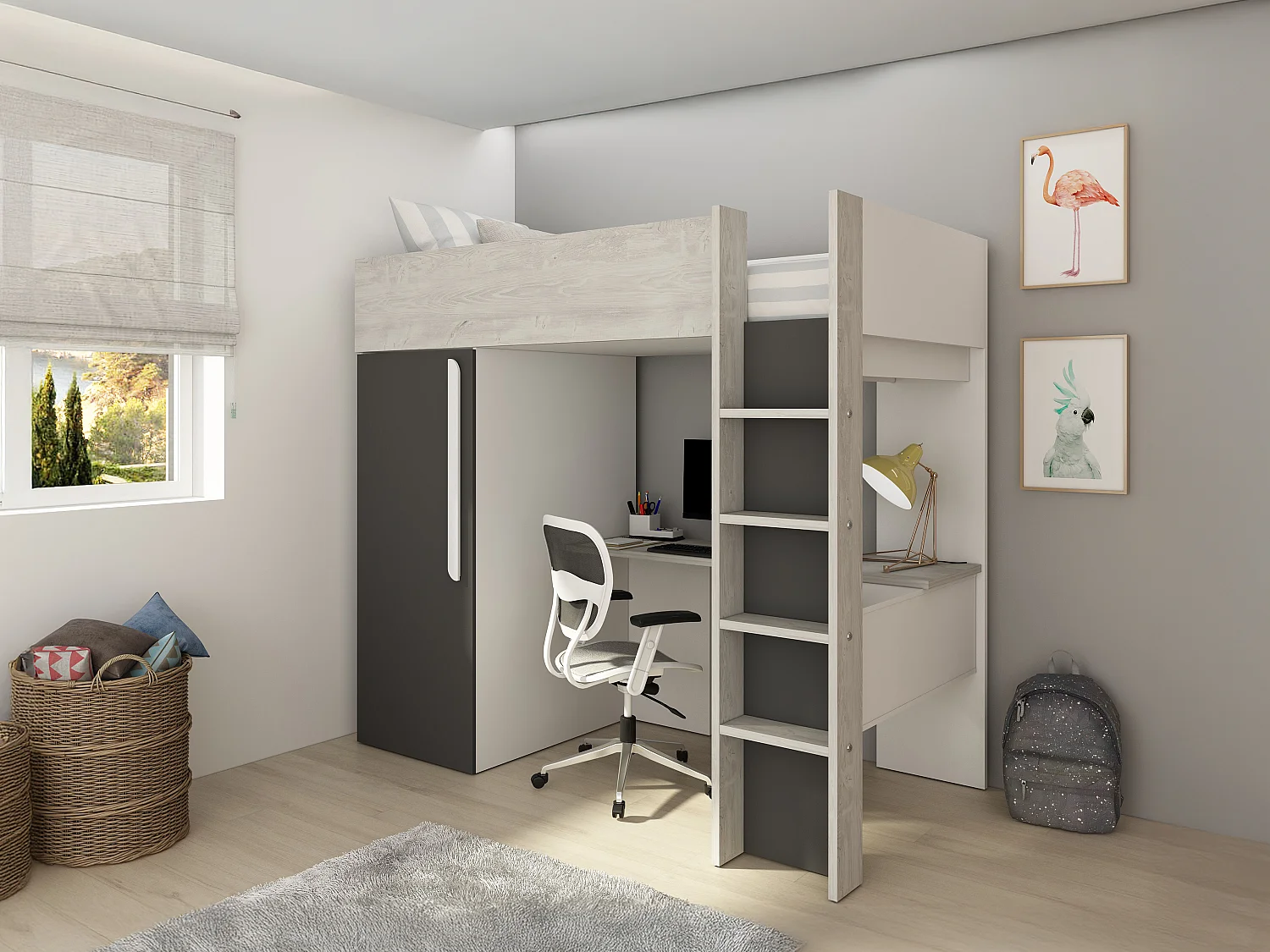 Lit mezzanine 90 x 200 cm avec armoire et bureau – Coloris : Naturel et anthracite + Matelas - NICOLAS