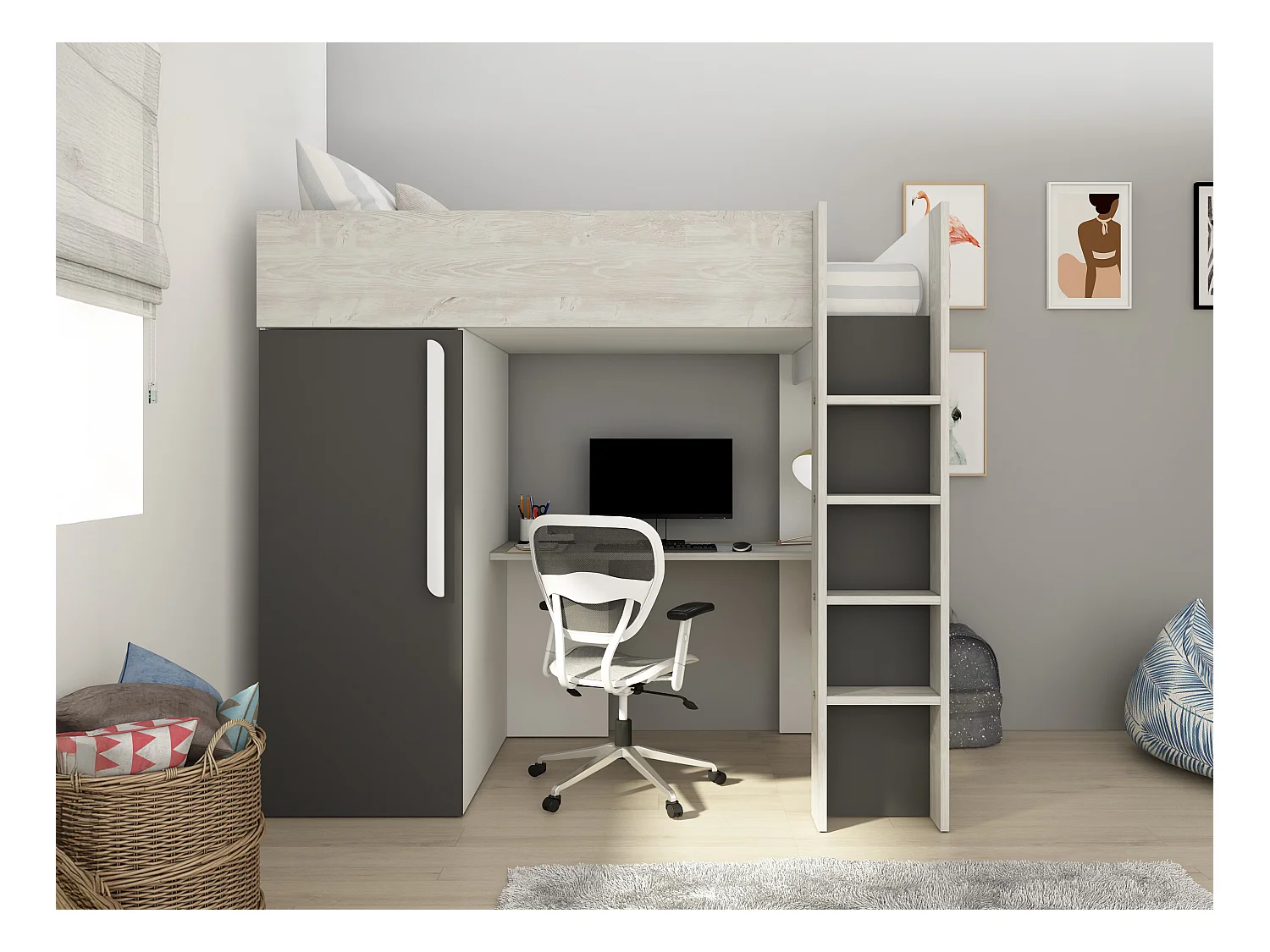 Mesaninseng 90 x 200 cm med skap og skrivebord – Farger: Naturell og antrasitt + Madrass - NICOLAS