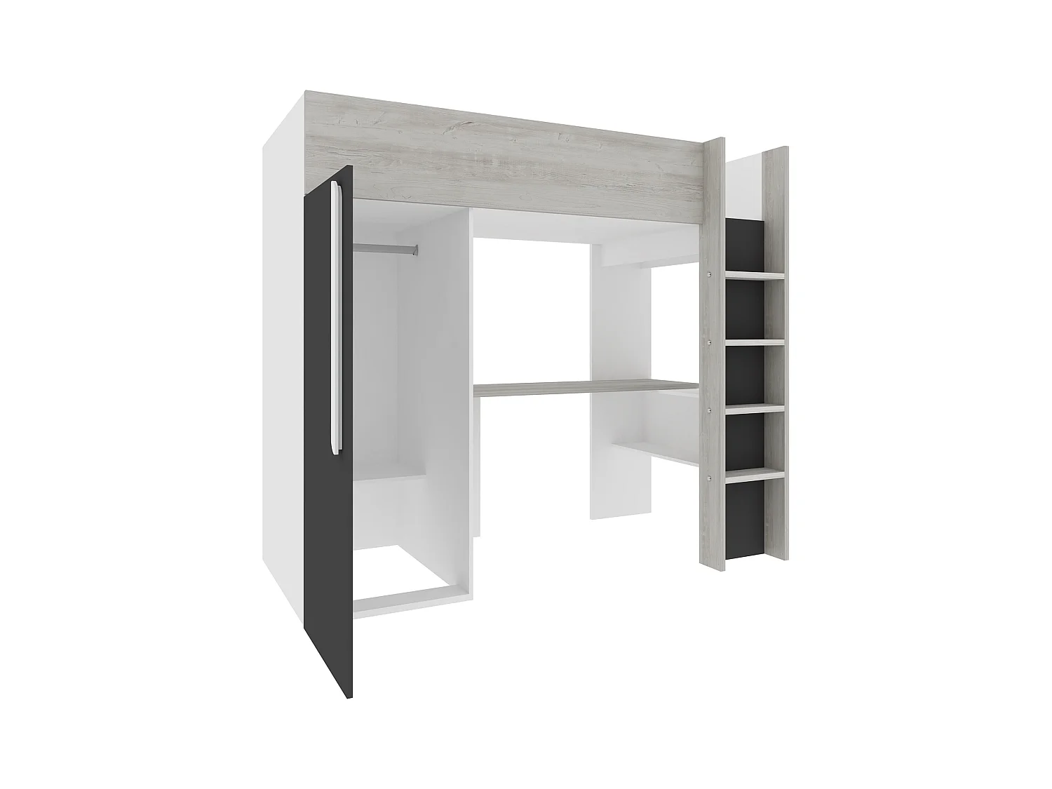 Mesaninseng 90 x 200 cm med skap og skrivebord – Farger: Naturell og antrasitt + Madrass - NICOLAS