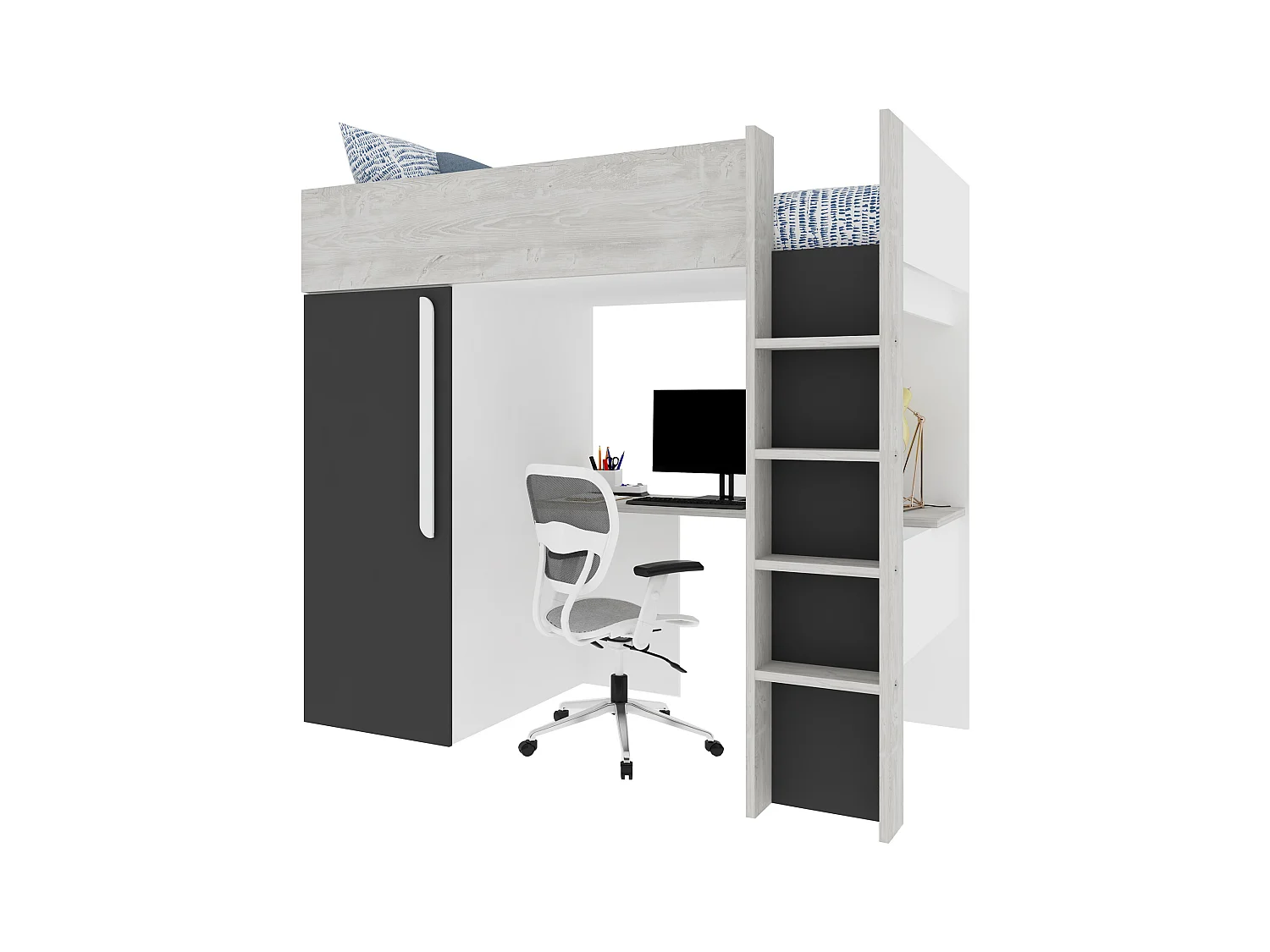 Mesaninseng 90 x 200 cm med skap og skrivebord – Farger: Naturell og antrasitt + Madrass - NICOLAS