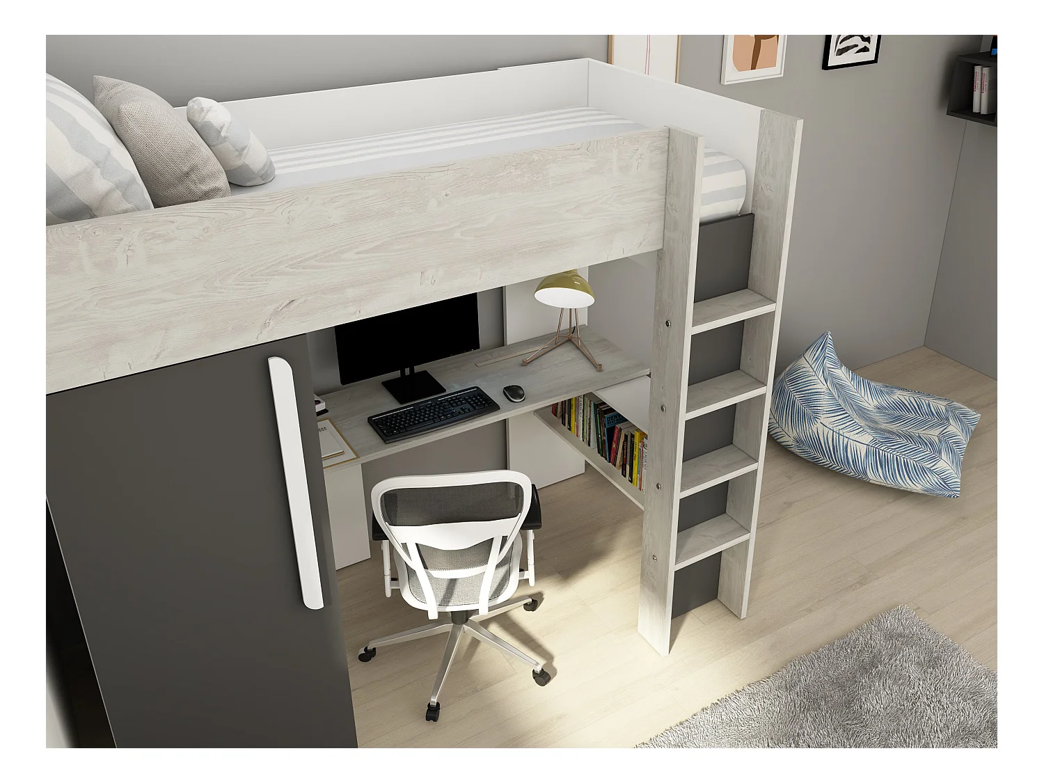 Mesaninseng 90 x 200 cm med skap og skrivebord – Farger: Naturell og antrasitt + Madrass - NICOLAS