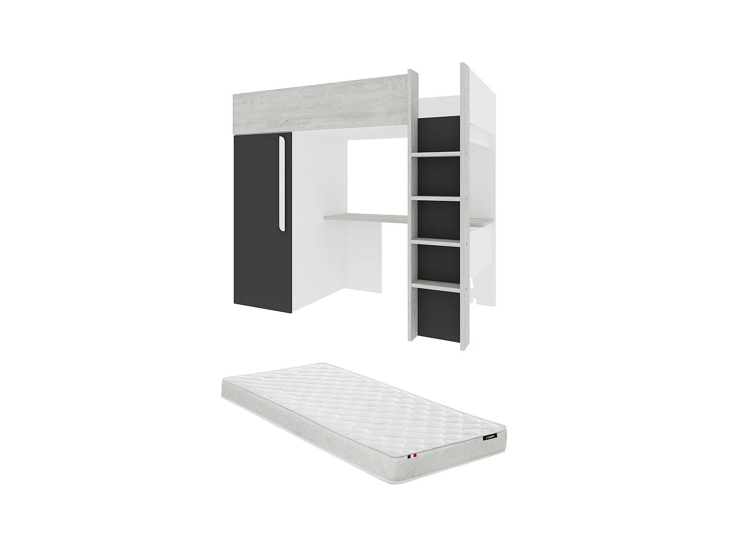 Mesaninseng 90 x 200 cm med skap og skrivebord – Farger: Naturell og antrasitt + Madrass - NICOLAS