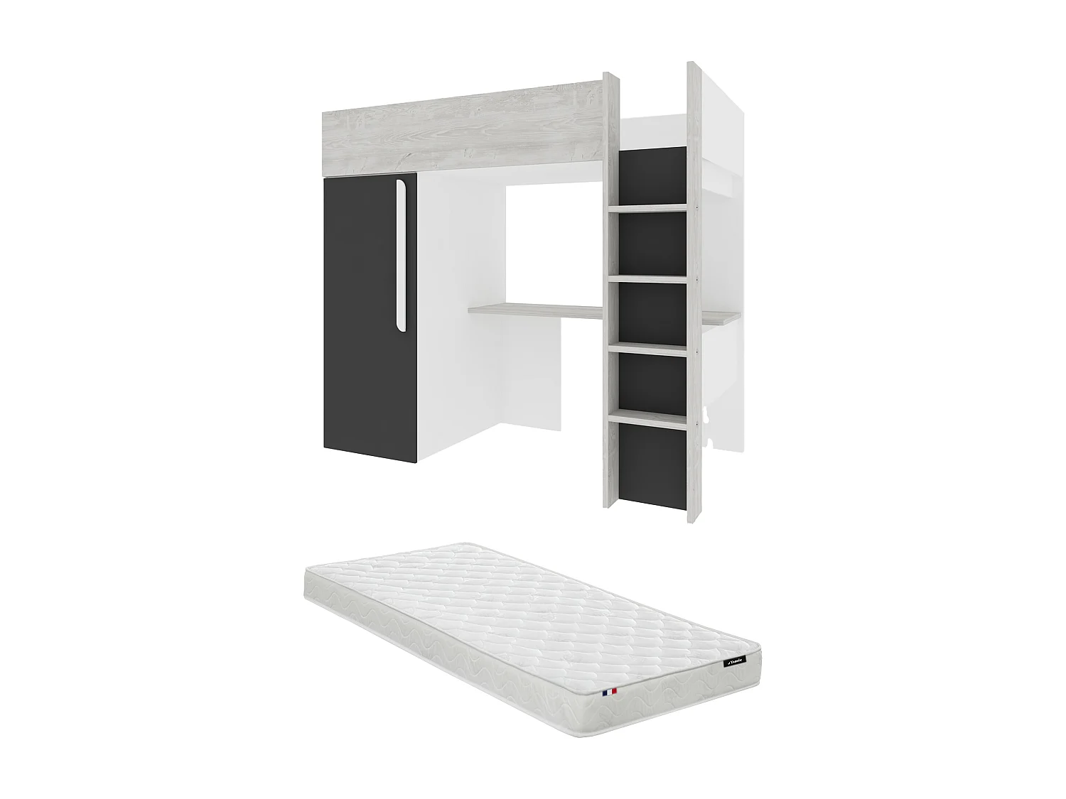 Łóżko antresola 90 x 200 cm z szafą i biurkiem - Kolor: Naturalny i antracytowy + Materac - NICOLAS