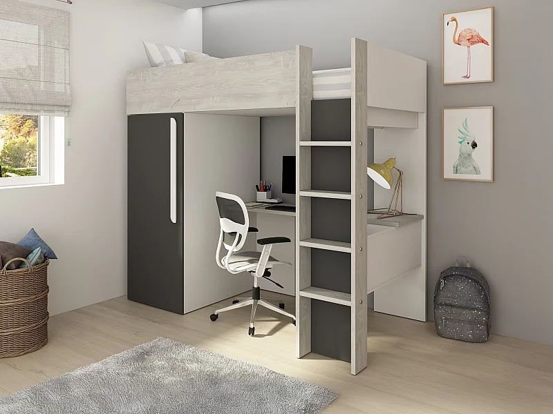 Hochbett mit Schreibtisch & Kleiderschrank + Matratze - 90 x 200 cm - Naturfarben & Anthrazit - NICOLAS