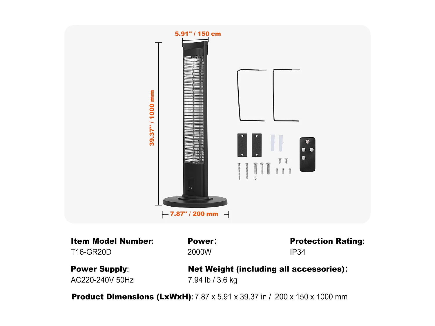 Verwarmingsradiator, SucceBuy Infraroodverwarming 2000 W met Afstandsbediening en Veiligheidsfuncties