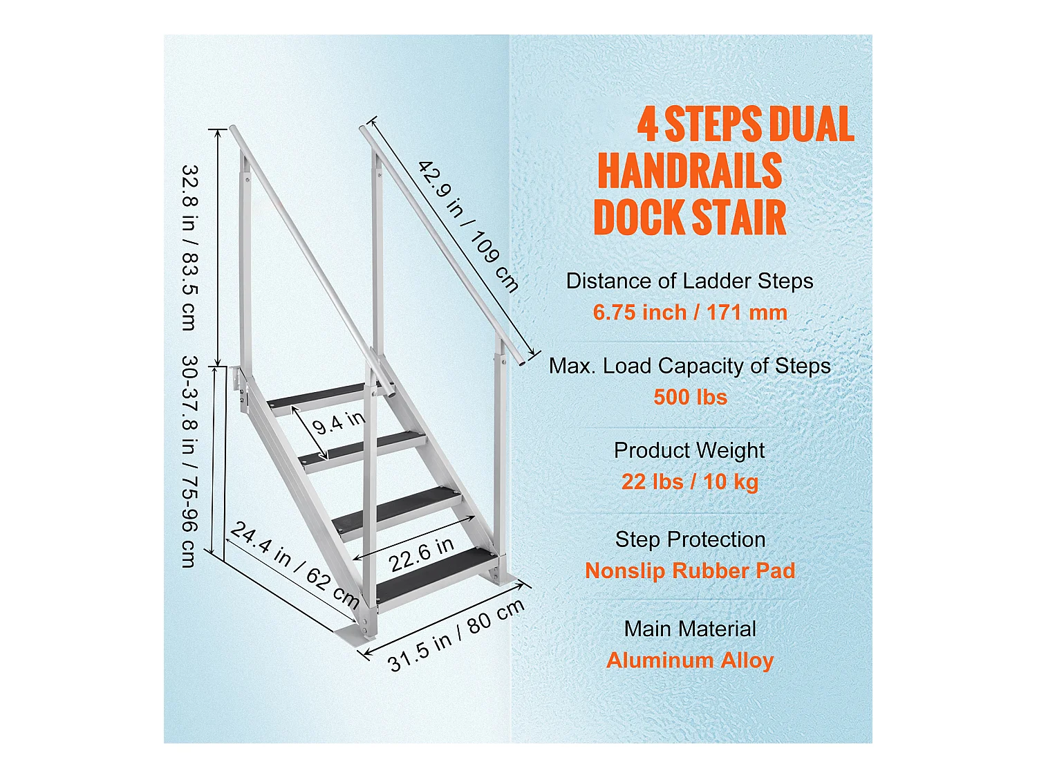 Échelle en Aluminium SucceBuy, Échelle de Quai, 4 Marches, 76 à 97 cm Réglable, Capacité de 227 kg