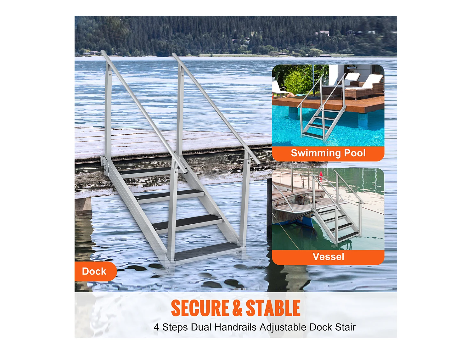 Échelle en Aluminium SucceBuy, Échelle de Quai, 4 Marches, 76 à 97 cm Réglable, Capacité de 227 kg