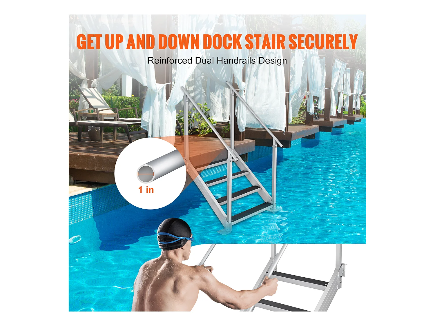 Échelle en Aluminium SucceBuy, Échelle de Quai, 4 Marches, 76 à 97 cm Réglable, Capacité de 227 kg