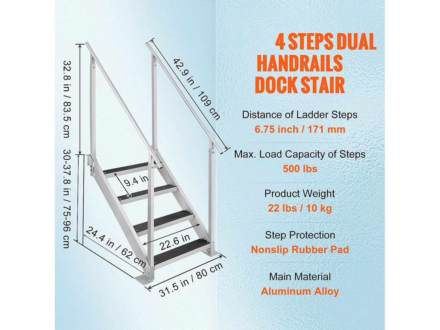 Échelle en Aluminium SucceBuy, Échelle de Quai, 4 Marches, 76 à 97 cm Réglable, Capacité de 227 kg