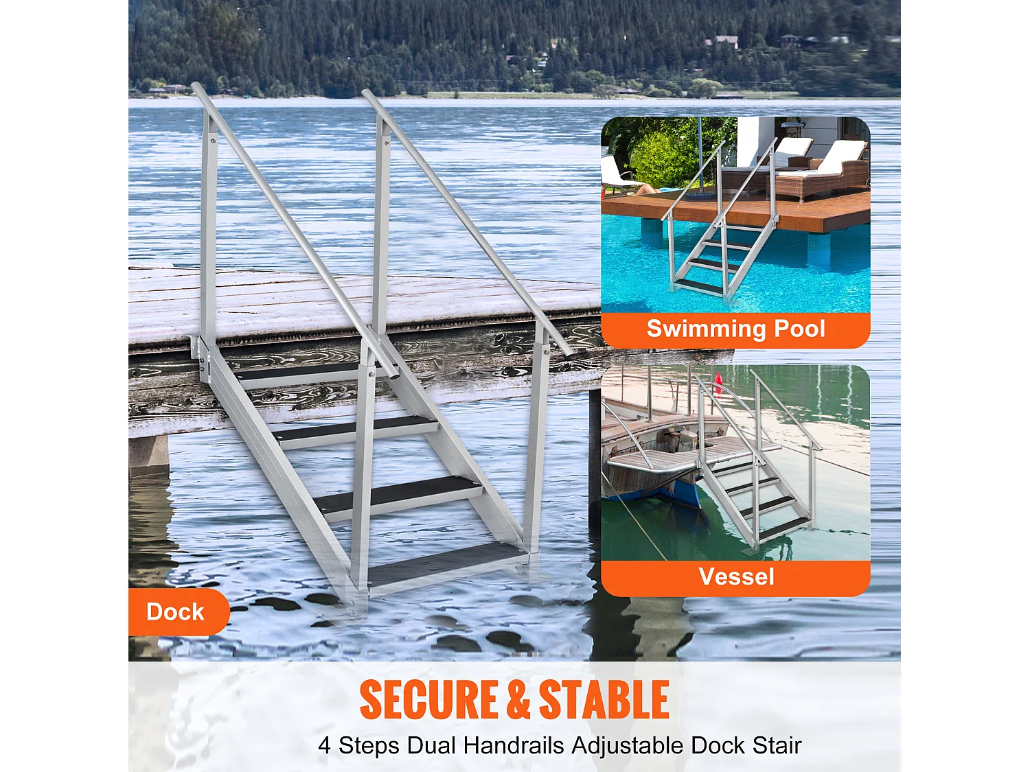 Échelle en Aluminium SucceBuy, Échelle de Quai, 4 Marches, 76 à 97 cm Réglable, Capacité de 227 kg