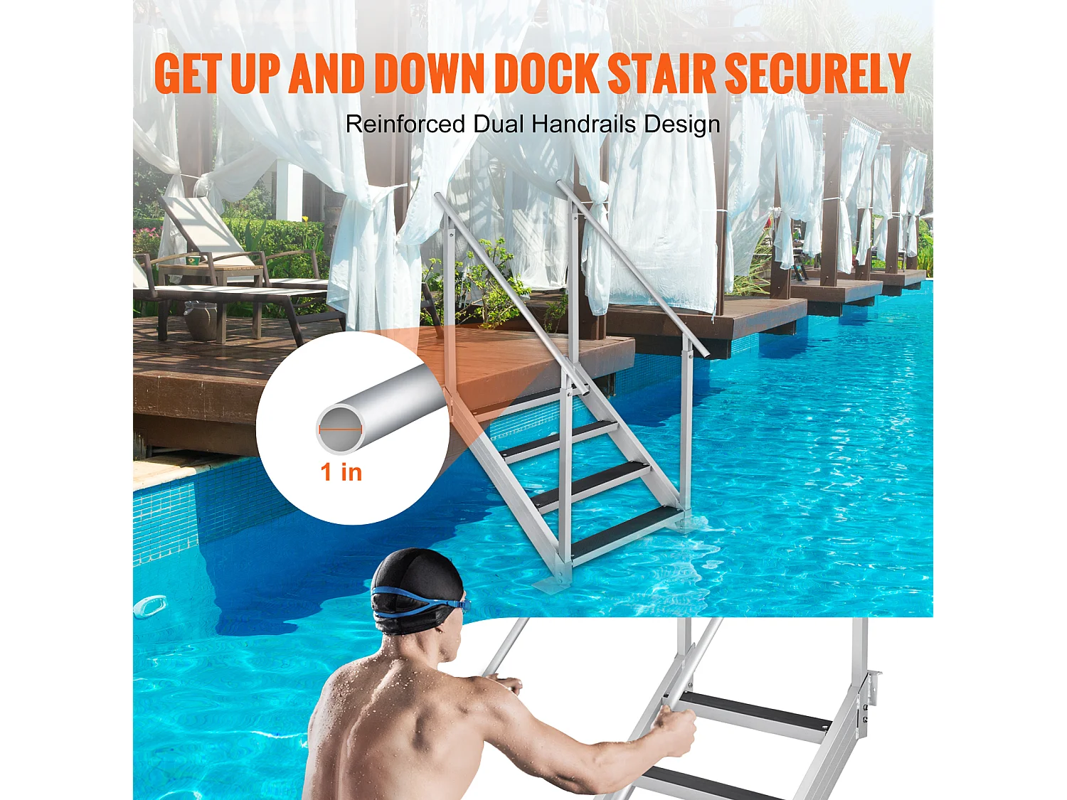 Échelle en Aluminium SucceBuy, Échelle de Quai, 4 Marches, 76 à 97 cm Réglable, Capacité de 227 kg