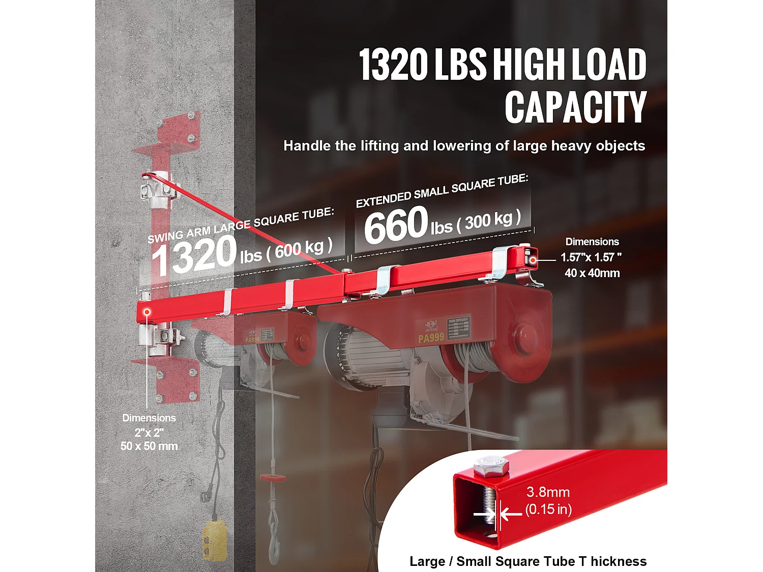 Bras de Support SucceBuy de Palan Électrique, Charge Maximale de 599 kg, Support Pivotant pour Échafaudage