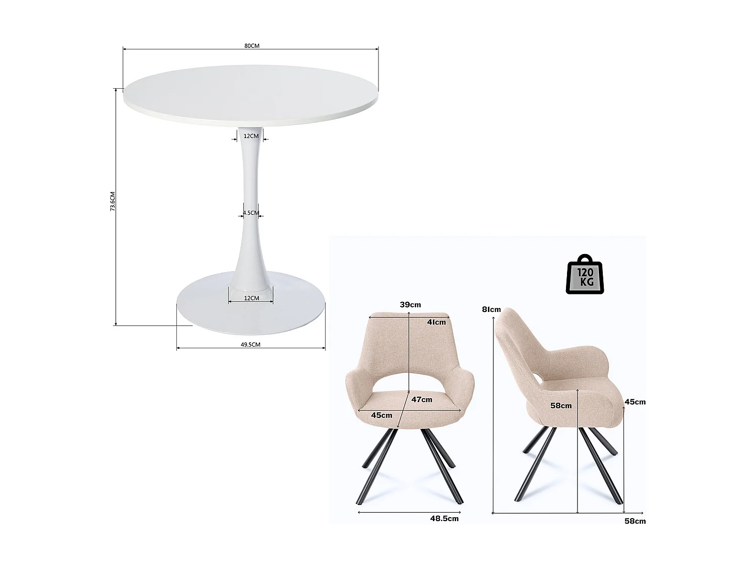 Ensemble table à manger ronde avec 2 chaises BETH