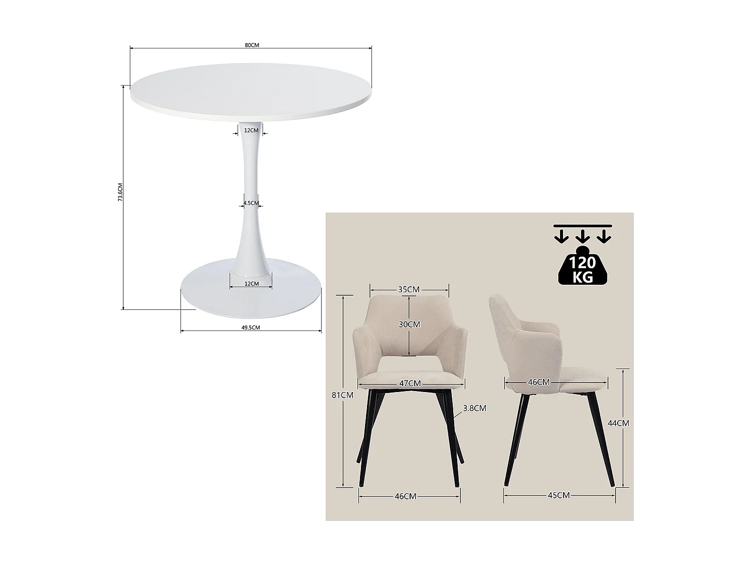 Ensemble table à manger ronde avec 2 chaises