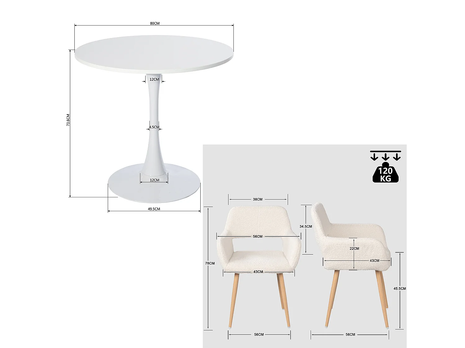 Ensemble table à manger ronde avec 2 chaises CROMWELL