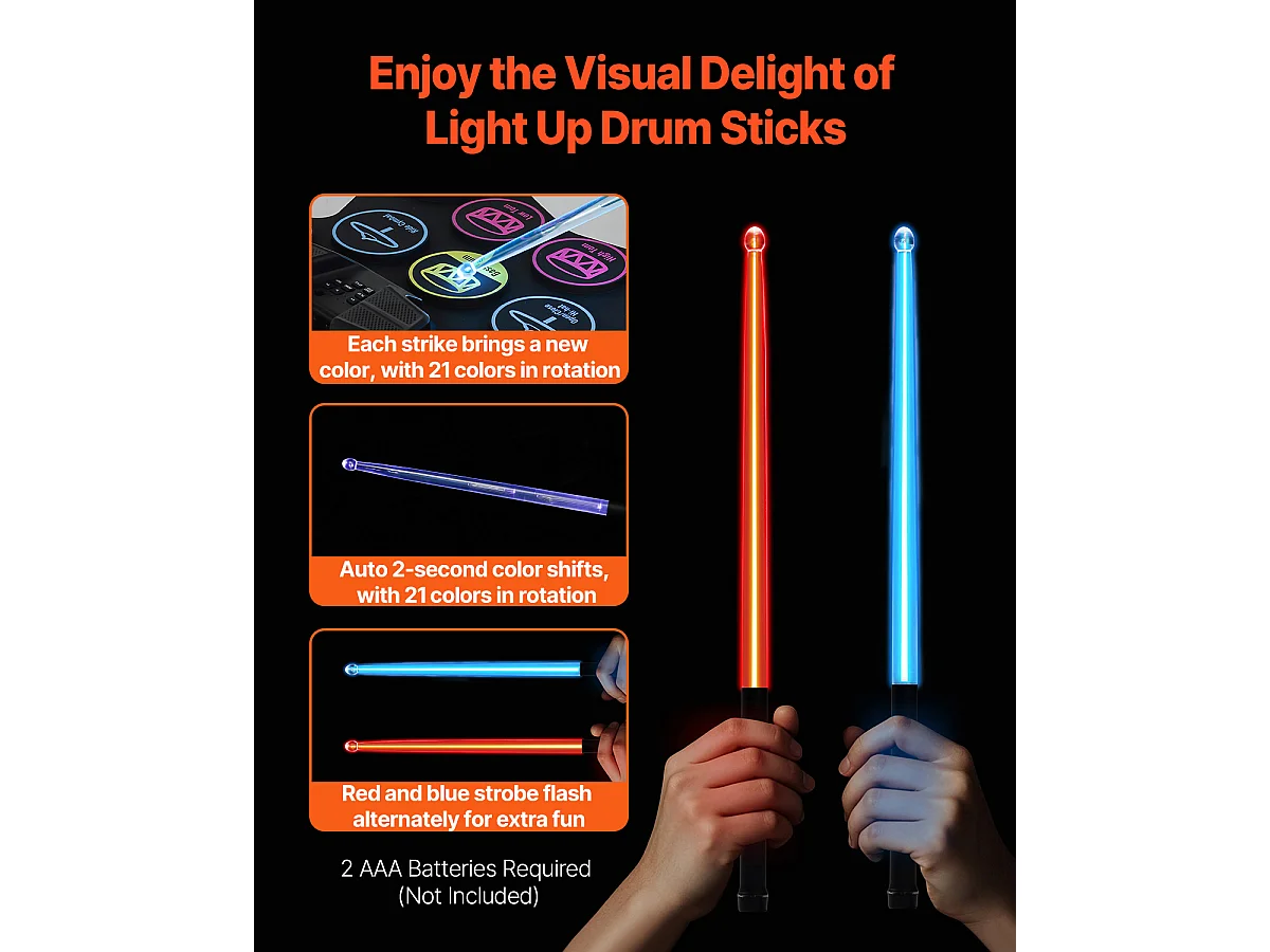 Elektrische Drumstel SucceBuy 9 Pads, Met Standaard, Zwei Luidsprekers und Lichtgevende Drumstokken, Voor Kinderen