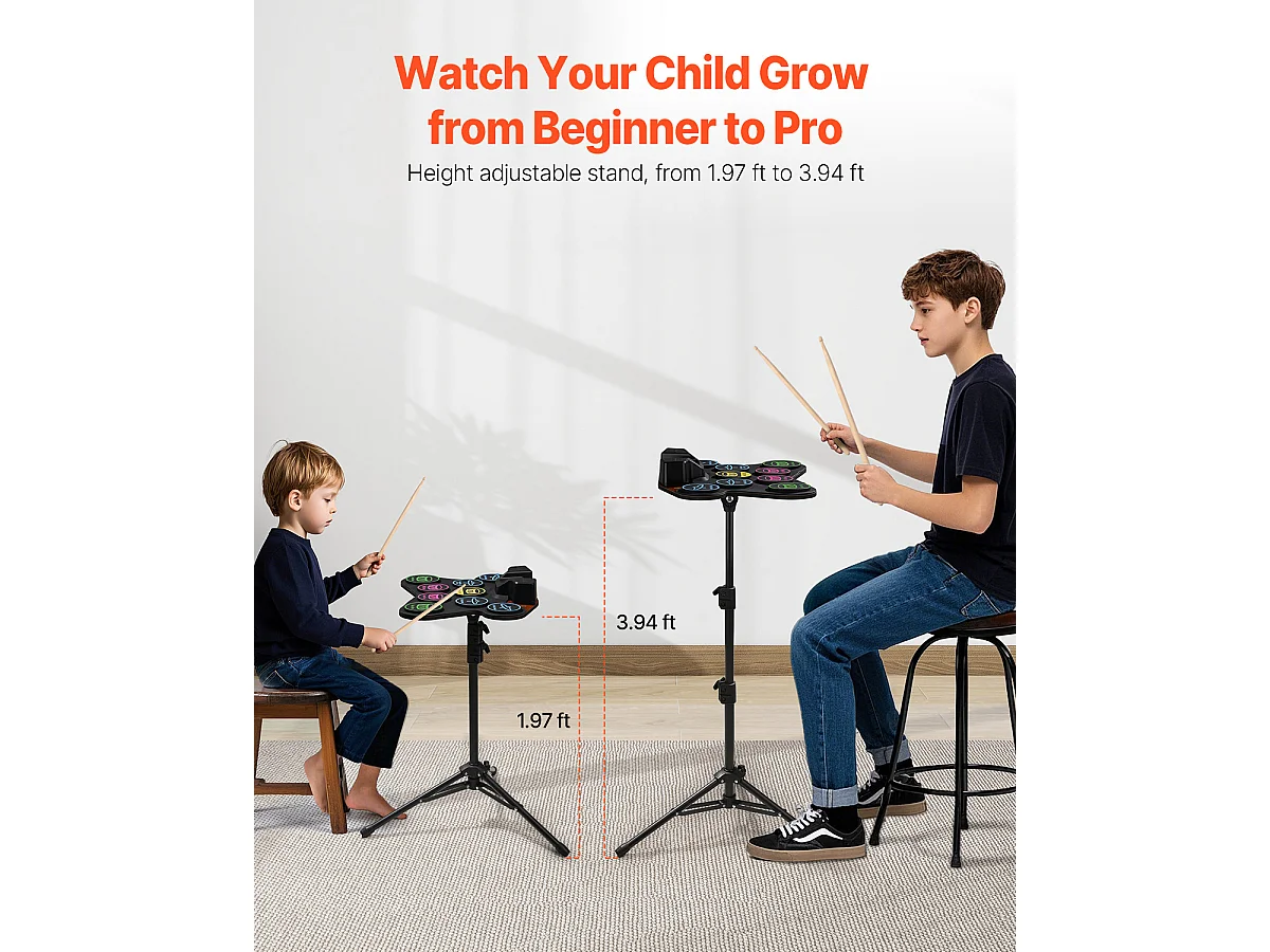 Elektrische Drumstel SucceBuy 9 Pads, Met Standaard, Zwei Luidsprekers und Lichtgevende Drumstokken, Voor Kinderen