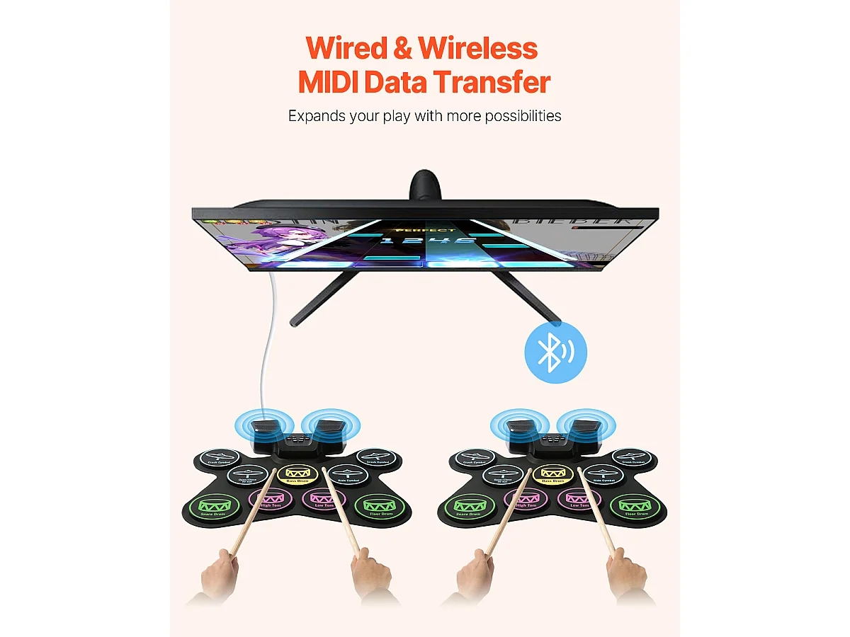 Elektrische Drumstel SucceBuy 9 Pads, Met Standaard, Zwei Luidsprekers und Lichtgevende Drumstokken, Voor Kinderen