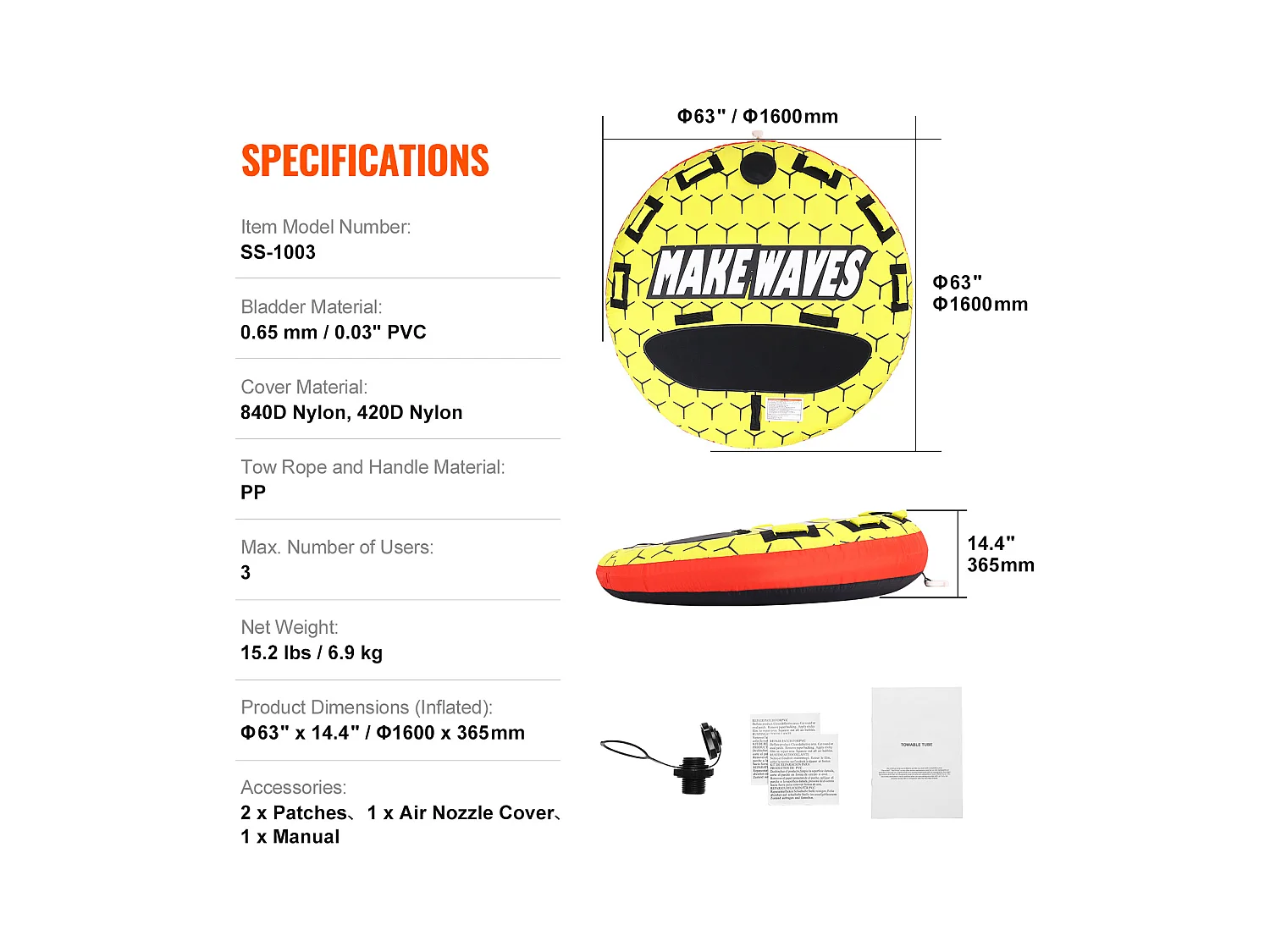Schleppbare Luftmatratze SucceBuy, für 1–3 Personen, 231 kg, Schlepprohr für Boot