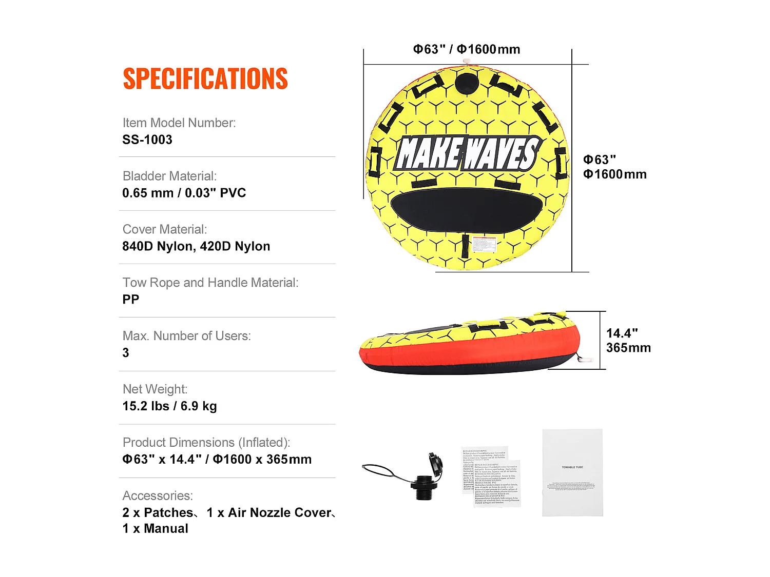 Bóia Remorcada Inflável SucceBuy, para 1 a 3 Passageiros, 231 kg, Tubo Remorqueável para Barco