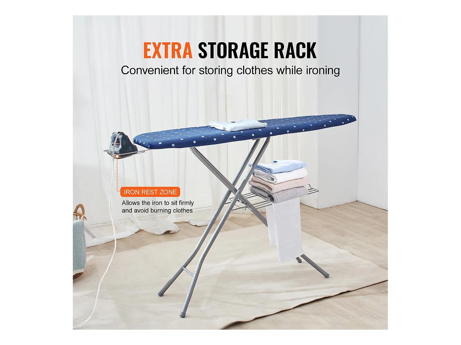 Planche à Repasser SucceBuy, avec Plateau de Rangement et Épaisseur de 4 Couches, Hauteurs Réglables