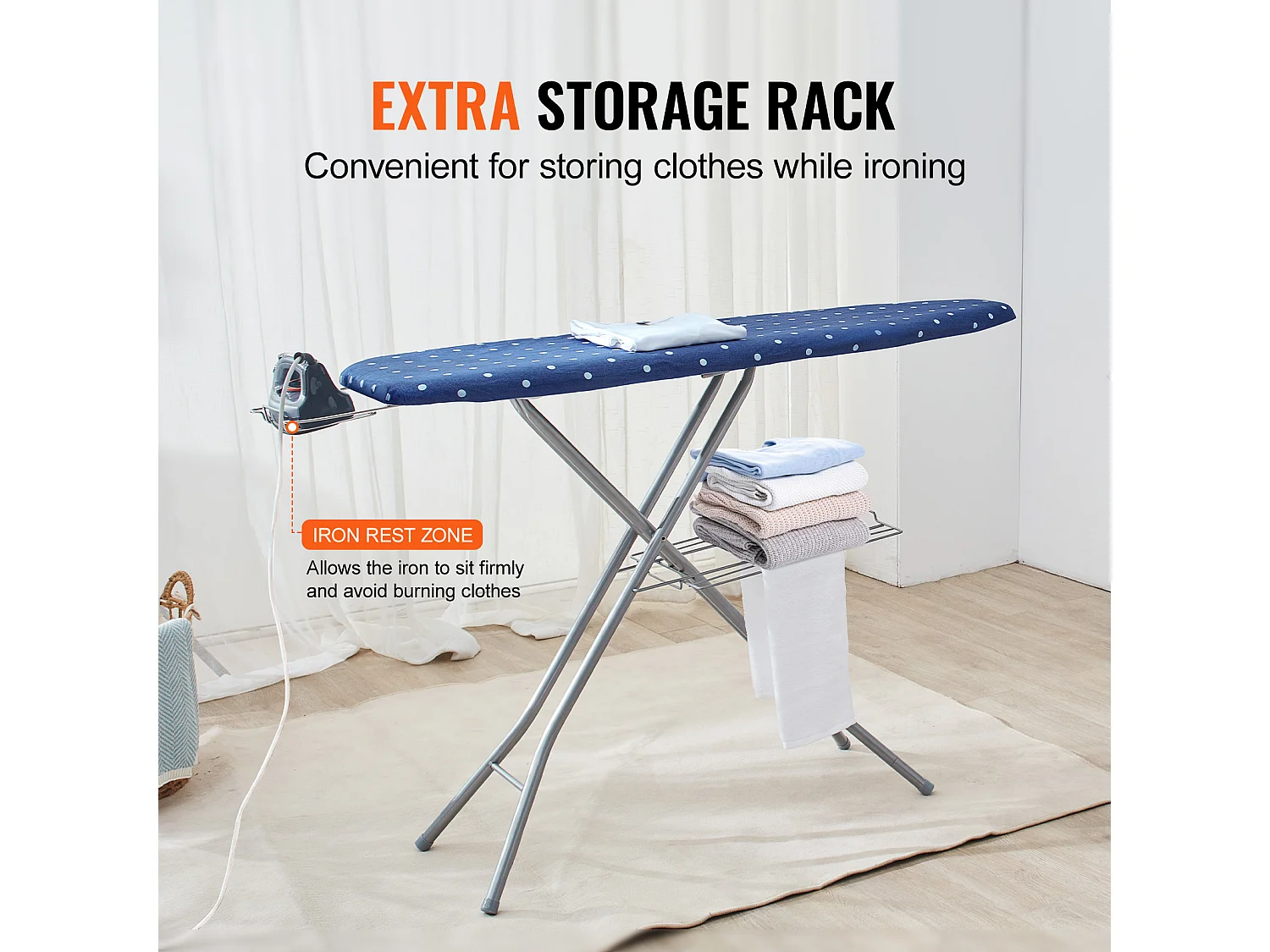 Planche à Repasser SucceBuy, avec Plateau de Rangement et Épaisseur de 4 Couches, Hauteurs Réglables