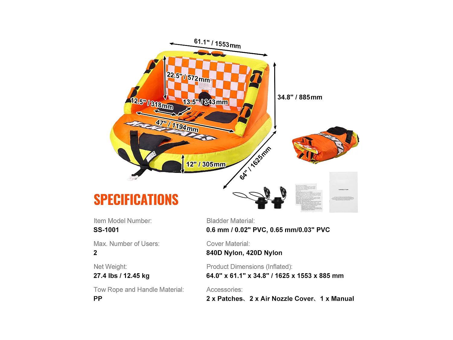 Trekbare Inflatable Buoy SucceBuy, voor 1 tot 2 Passagiers, 154 kg, met Zitten en Leuningen