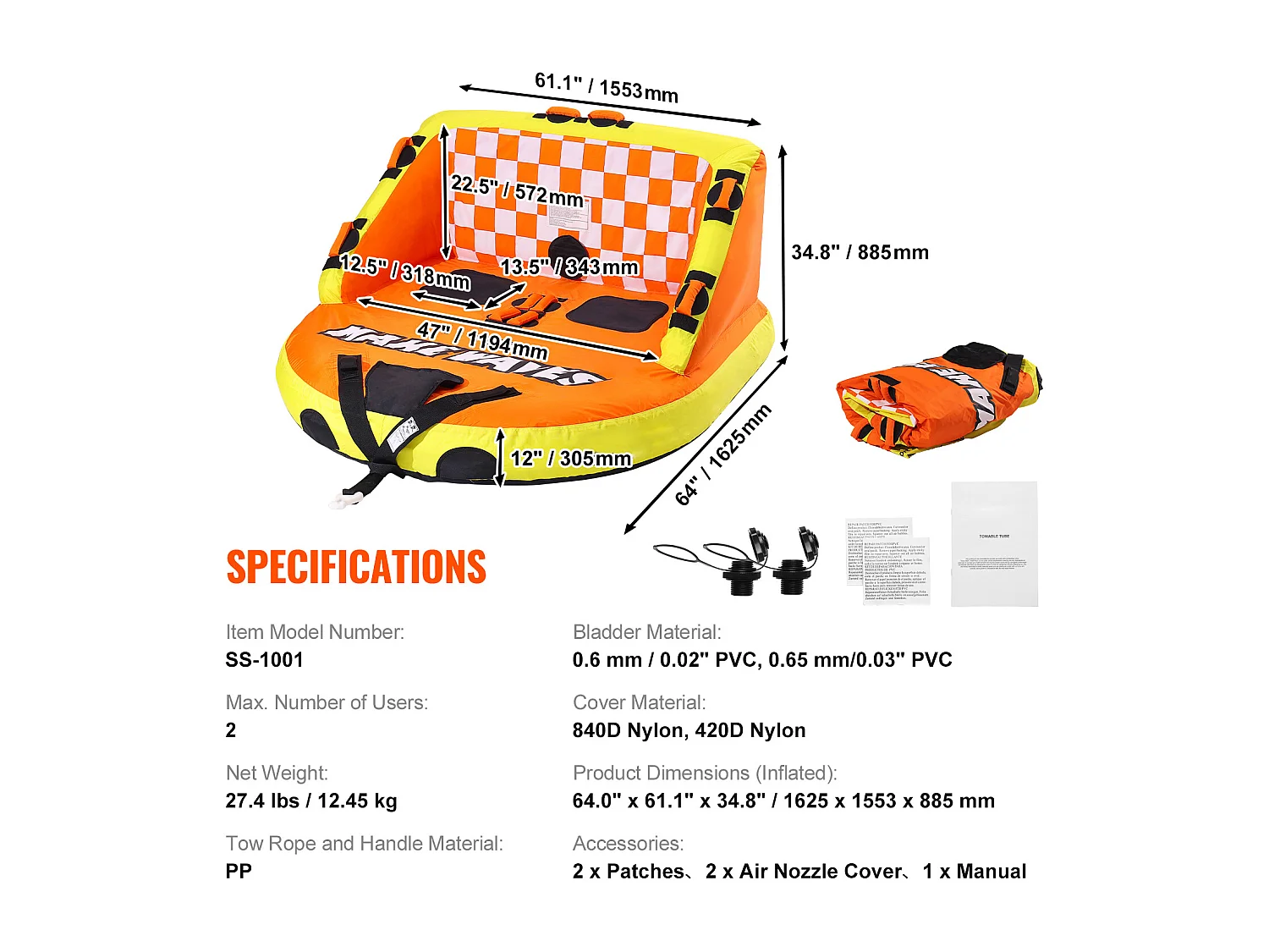 Schleppbare Luftmatratze SucceBuy, für 1–2 Personen, 154 kg, mit Sitzen und Rückenlehne