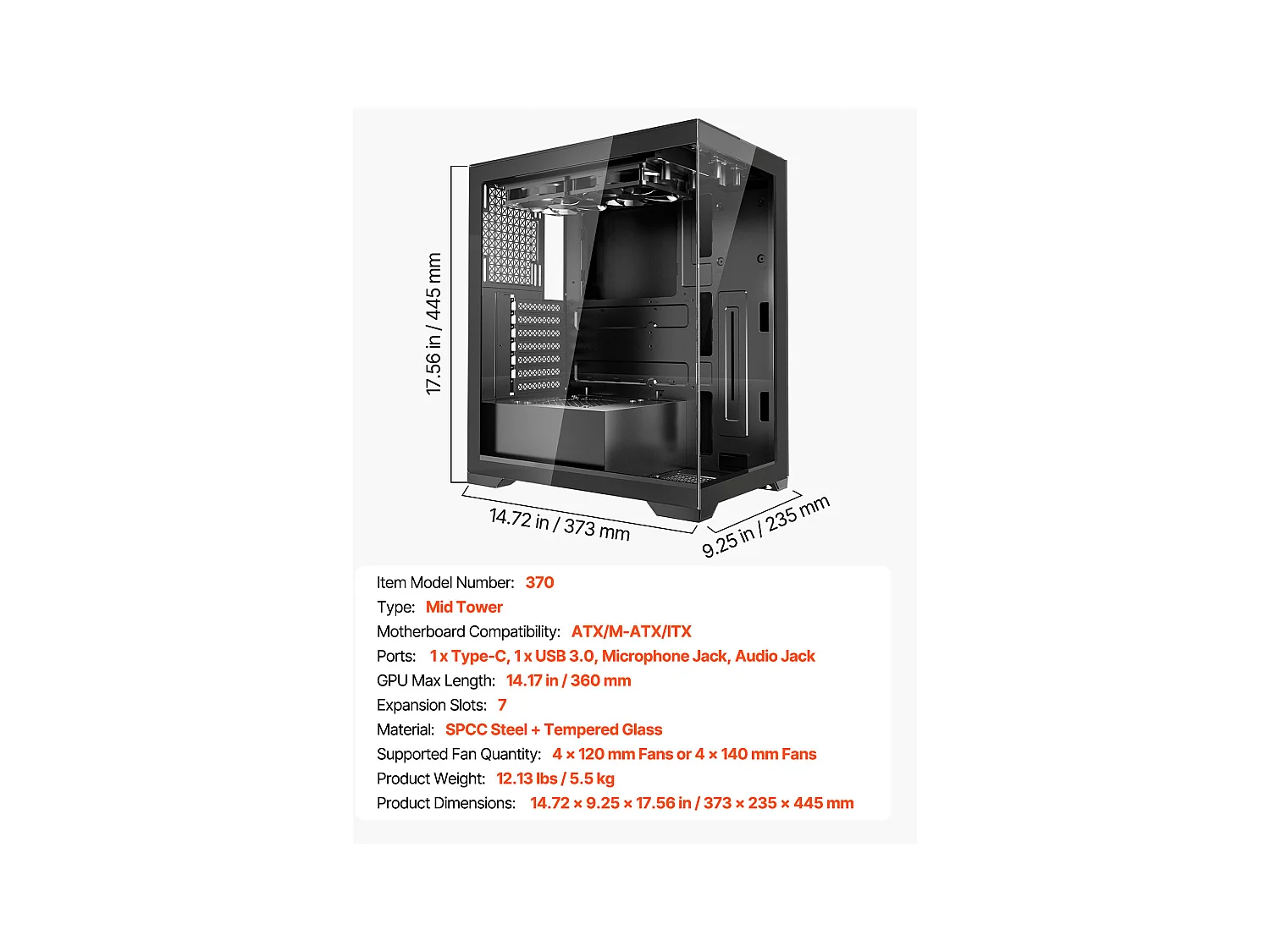 Boîtier PC Gaming SucceBuy, Panneau en Verre Trempé, Flux d'Air Optimisé, Filtre Anti-Poussière, 2 Ventilateurs de 12cm, Adapté aux GPU jusqu'à 36cm