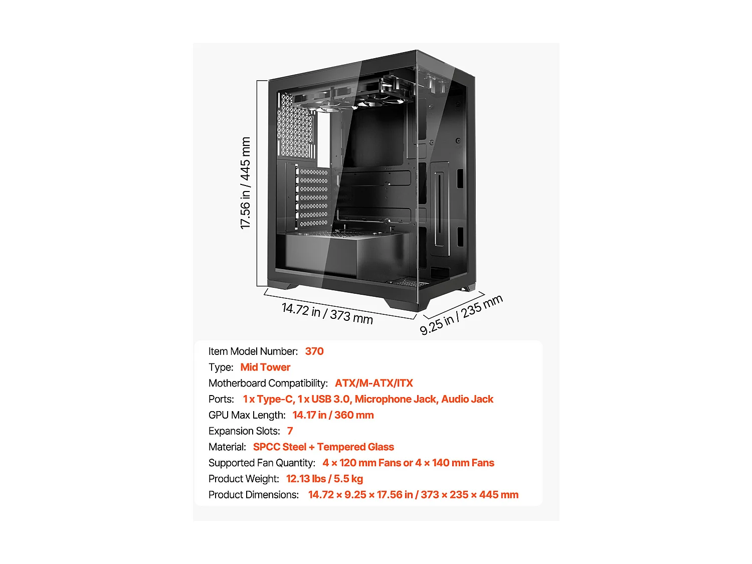 Boîtier PC Gaming SucceBuy, Panneau en Verre Trempé, Flux d'Air Optimisé, Filtre Anti-Poussière, 2 Ventilateurs de 12cm, Adapté aux GPU jusqu'à 36cm