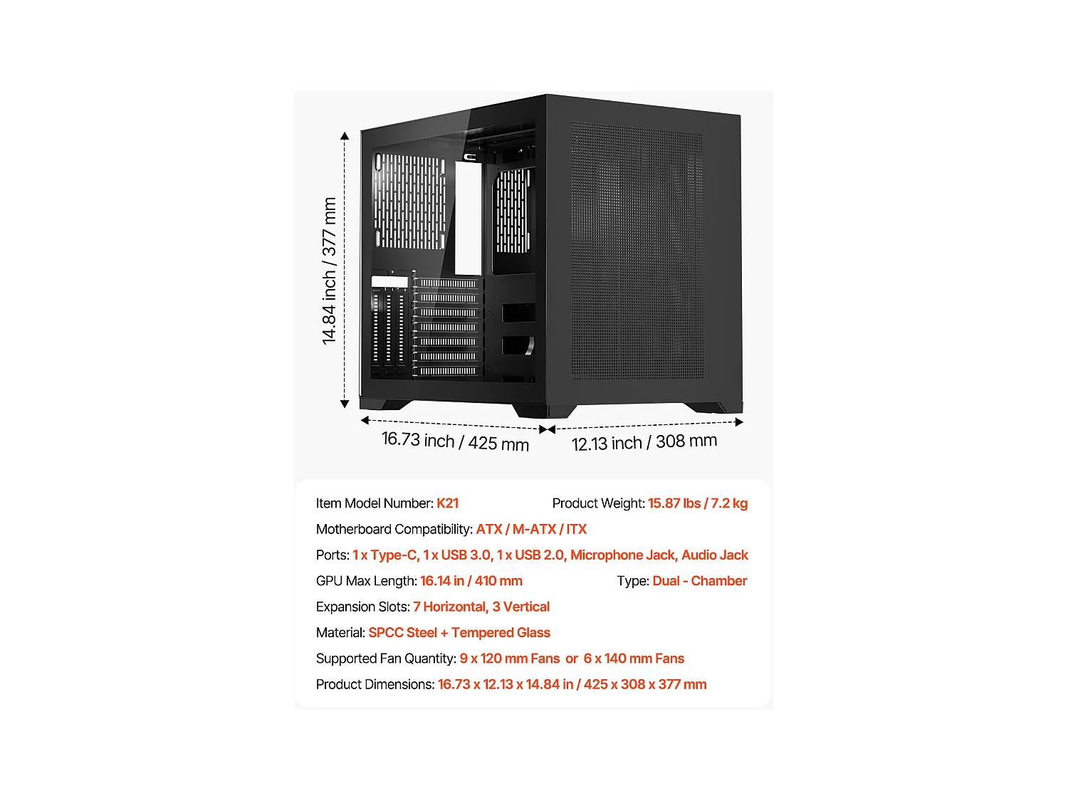 PC-behuizing SucceBuy Midi Tower, Dubbele Kamer Ontwerp, Gehard Glaspanelen, Magnetisch Stofscherm, Geschikt voor GPU tot 41 cm, Compatibel