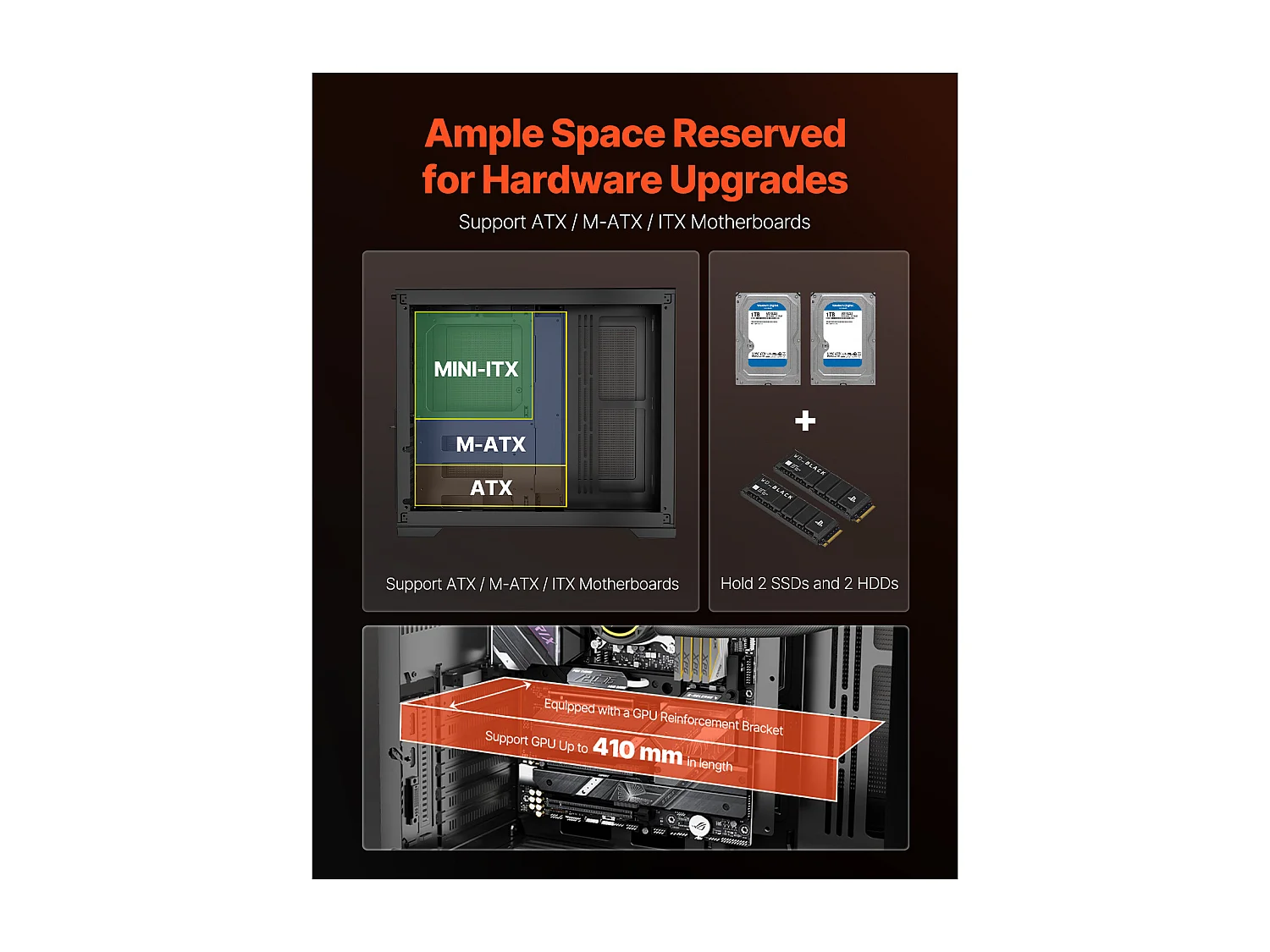 PC-behuizing SucceBuy Midi Tower, Dubbele Kamer Ontwerp, Gehard Glaspanelen, Magnetisch Stofscherm, Geschikt voor GPU tot 41 cm, Compatibel