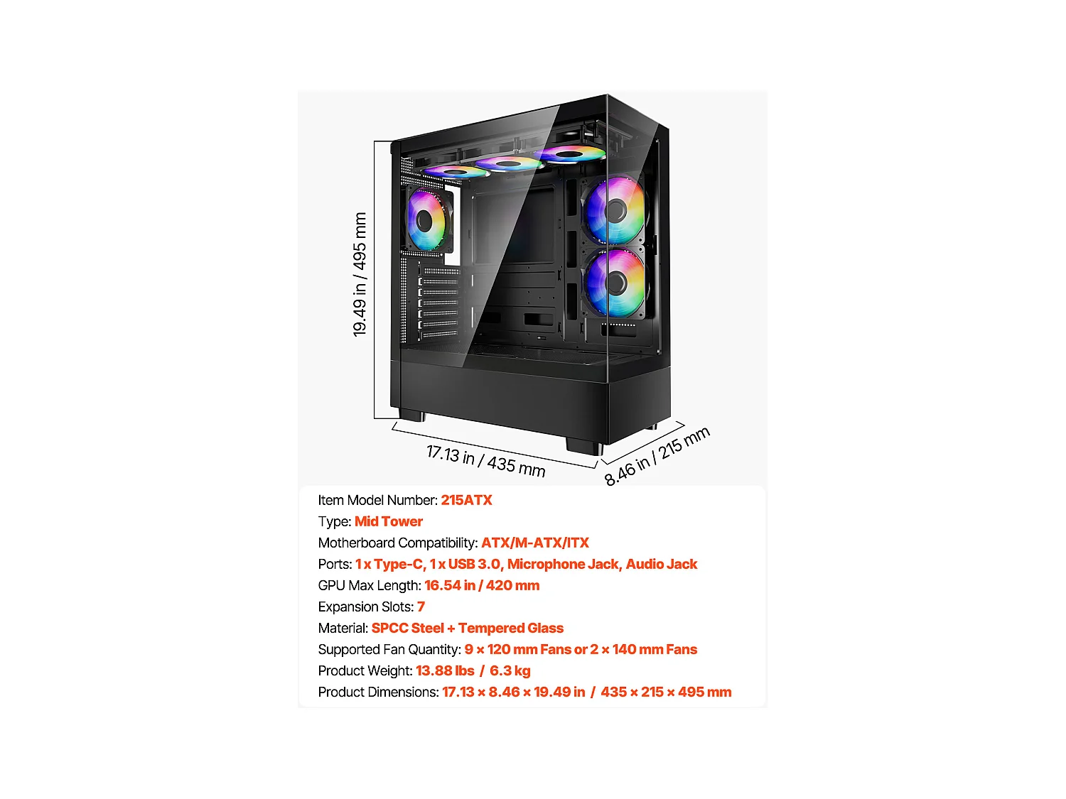 Boîtier PC Gaming SucceBuy, Panneau en Verre Trempé, Protection contre la Poussière, 6 Ventilateurs PWM ARGB de 12cm, Compatible avec les GPU jusqu'à 41cm de Long