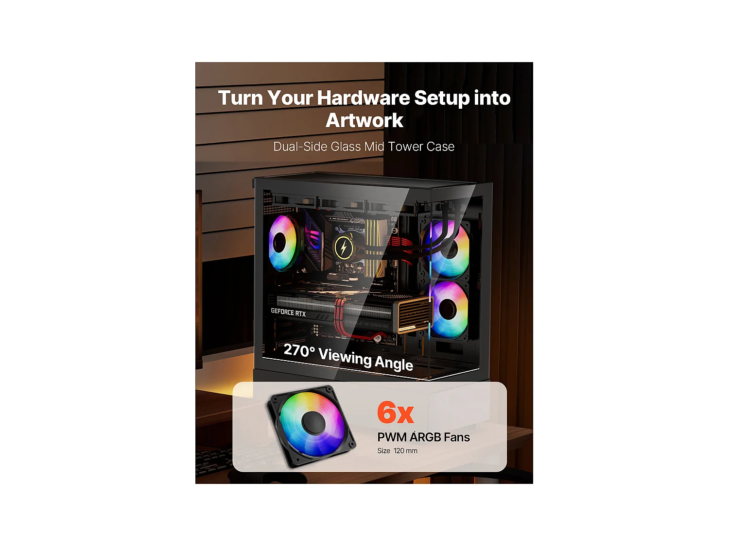 PC-Gaming-Gehäuse SucceBuy, Gehärtetes Glaspanel, Staubschutz, 6 PWM ARGB-Lüfter 12cm, Kompatibel mit GPU bis zu 41cm Länge