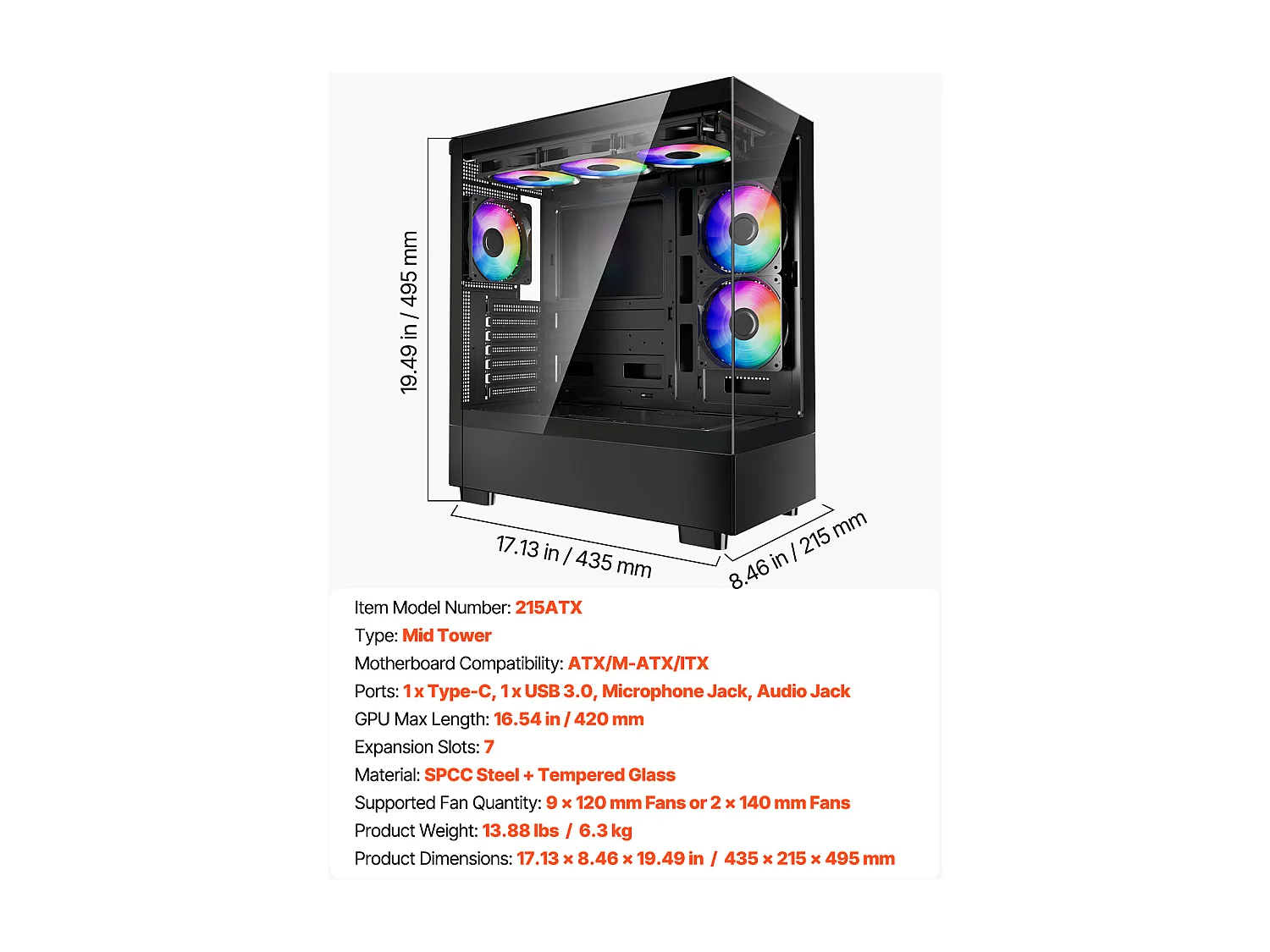 Boîtier PC Gaming SucceBuy, Panneau en Verre Trempé, Protection contre la Poussière, 6 Ventilateurs PWM ARGB de 12cm, Compatible avec les GPU jusqu'à 41cm de Long