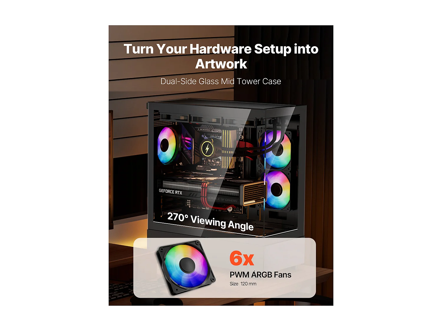 Boîtier PC Gaming SucceBuy, Panneau en Verre Trempé, Protection contre la Poussière, 6 Ventilateurs PWM ARGB de 12cm, Compatible avec les GPU jusqu'à 41cm de Long