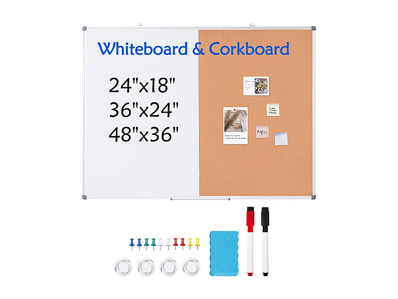 Set aus Weißer Tafel und Korktafel SucceBuy, 121,9 x 91,4 cm, mit Aluminiumrahmen für Schule und Haus